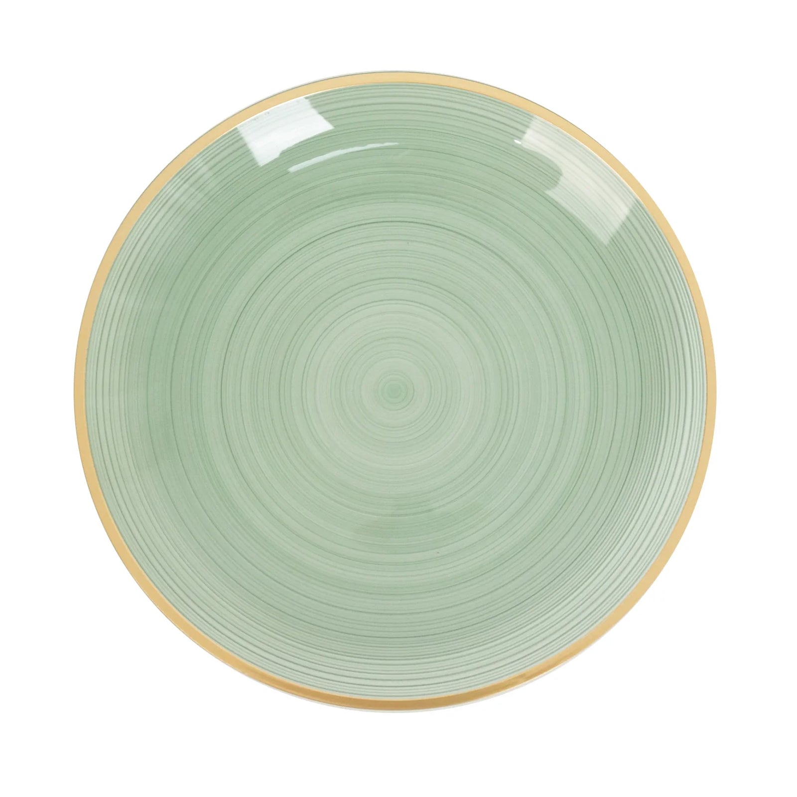 Dusty sage green swirl plastic dinner plate with gold rim.