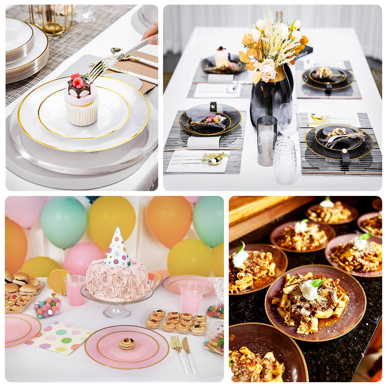 Transparent dusty rose charger plates with gold rim on a styled dining table.