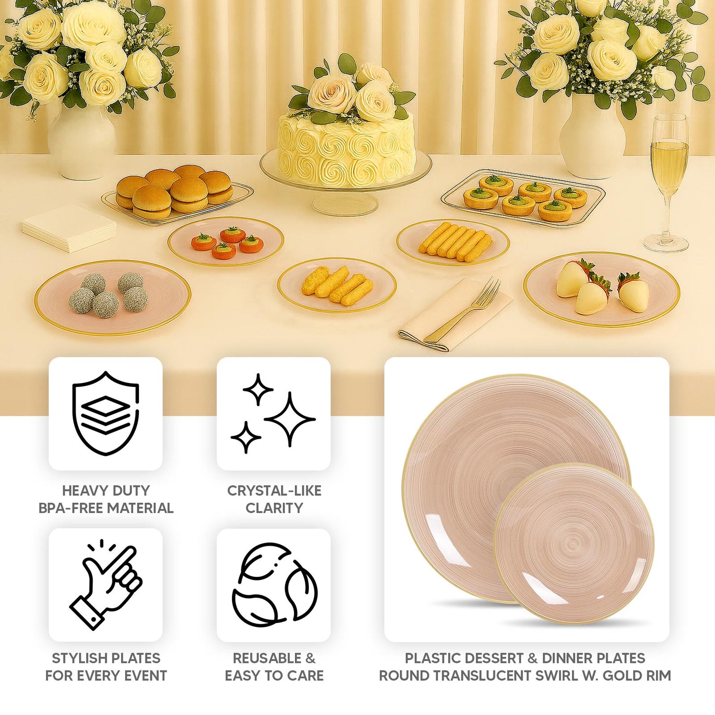 Dusty rose swirl plastic dessert plates with gold rim for elegant parties.