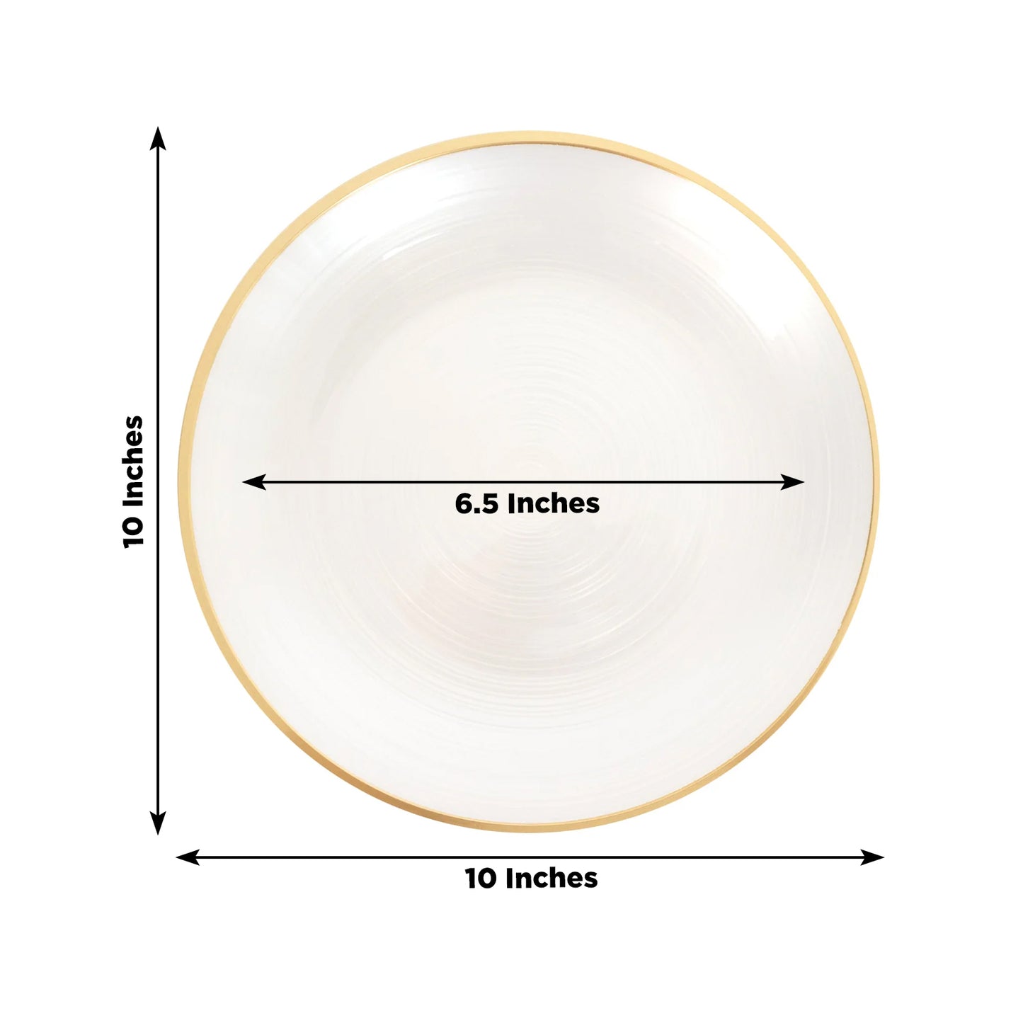 10" Round Transparent Pearl White Swirl Dinner Plate with Gold Rim