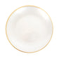 Transparent pearl white swirl plate with gold rim. Elegant dinnerware for parties.