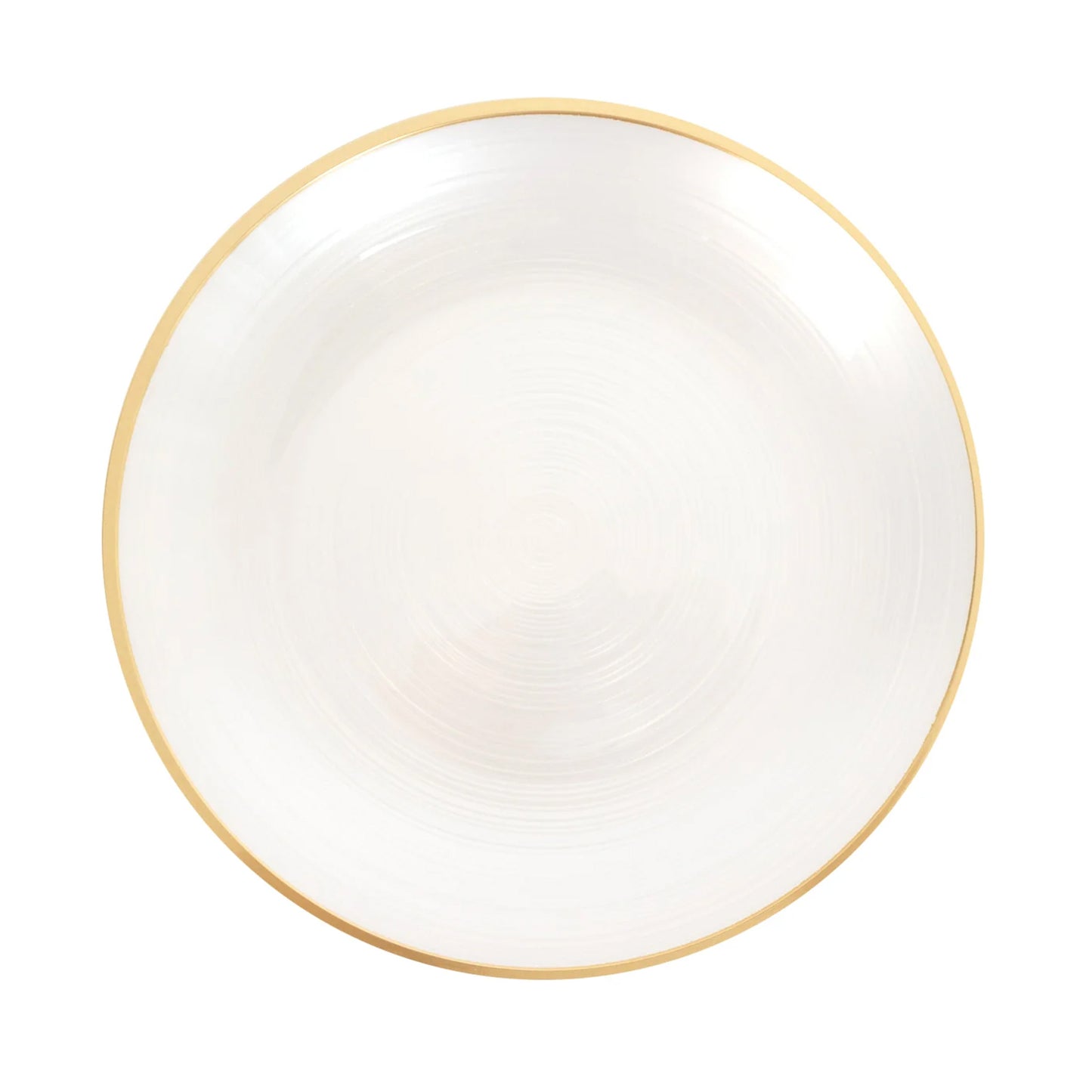 Transparent pearl white swirl plate with gold rim. Elegant dinnerware for parties.