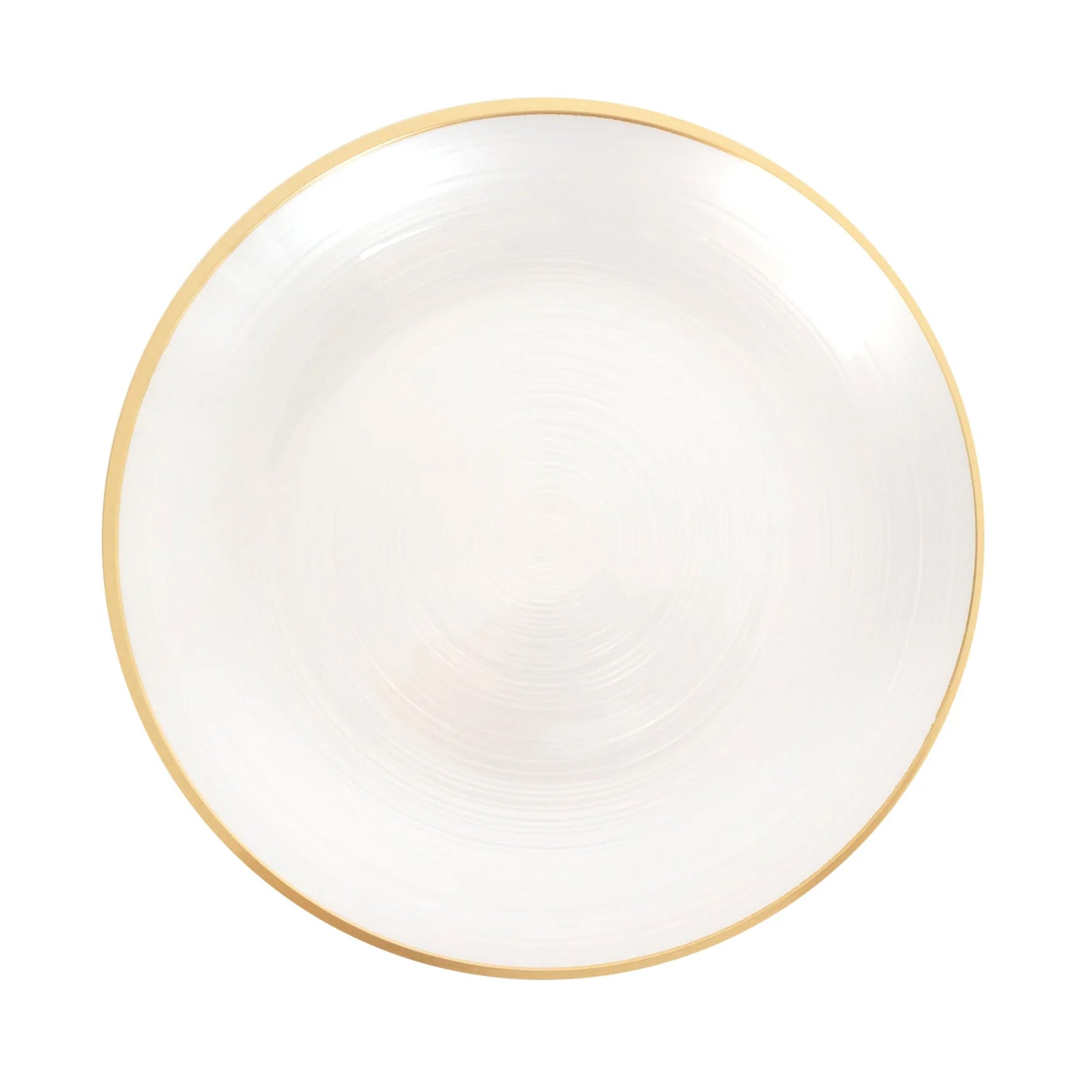 Transparent pearl white swirl plate with gold rim. Elegant dinnerware for parties.
