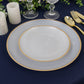 Transparent pearl white swirl dinner plates with gold rim.