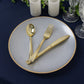 Transparent pearl white swirl dinner plate with gold rim.