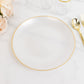 Transparent pearl white swirl dinner plate with gold rim.