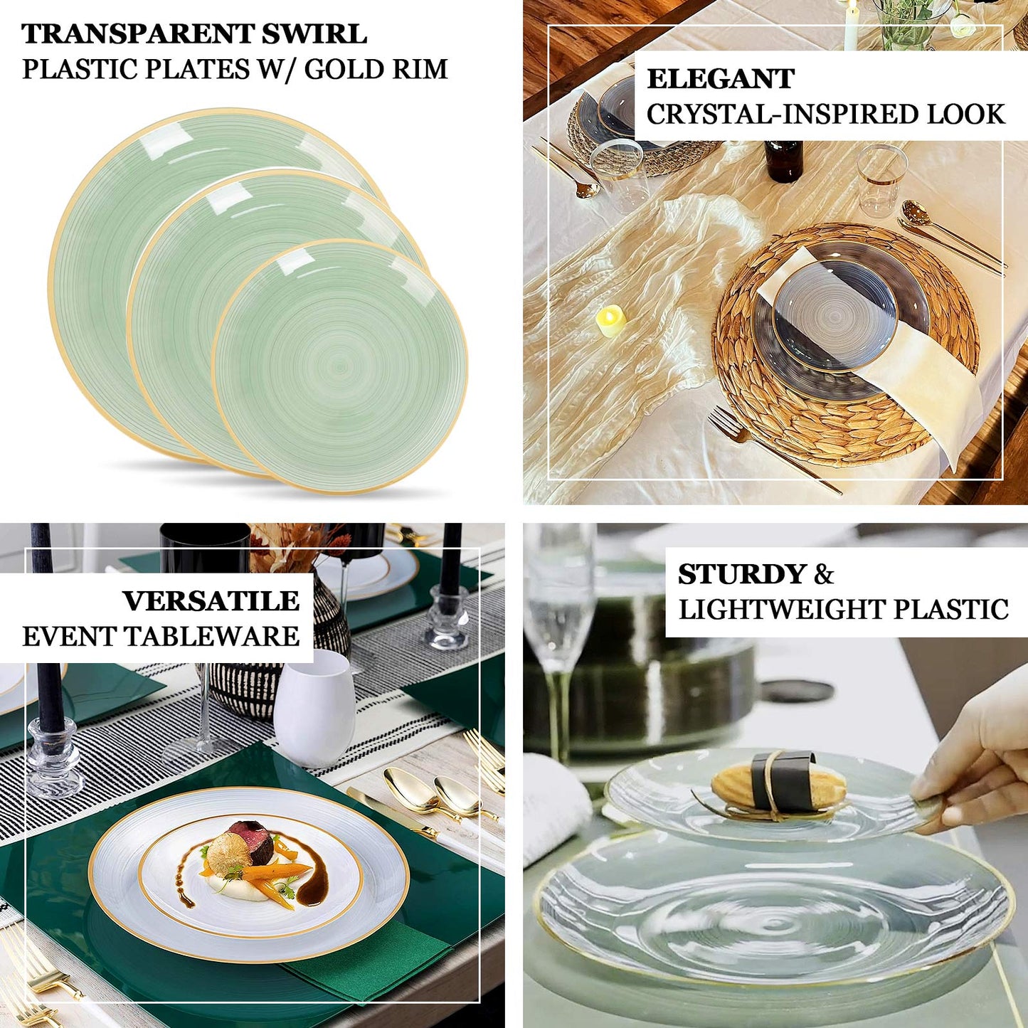Dusty rose swirl plastic plates with gold rim, elegant party tableware.