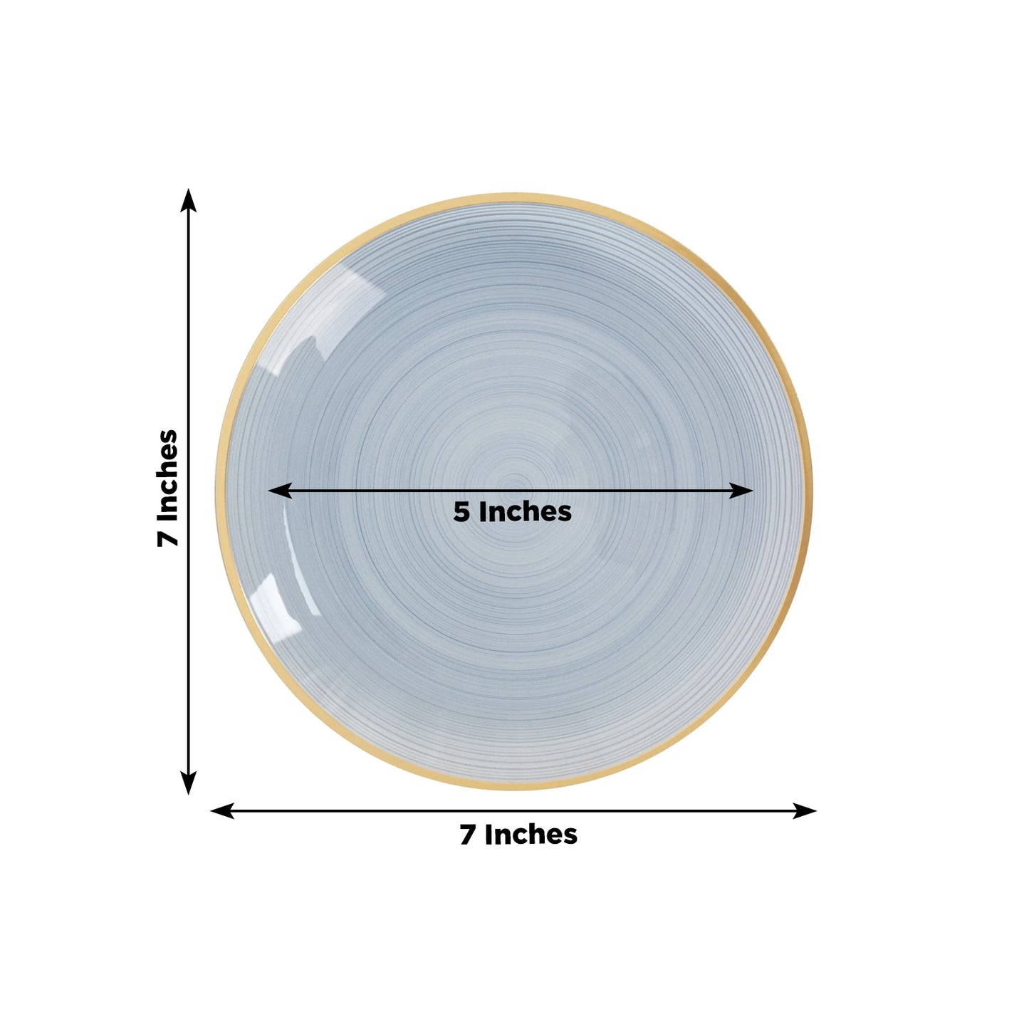 7" round transparent dusty blue swirl plate with gold rim.