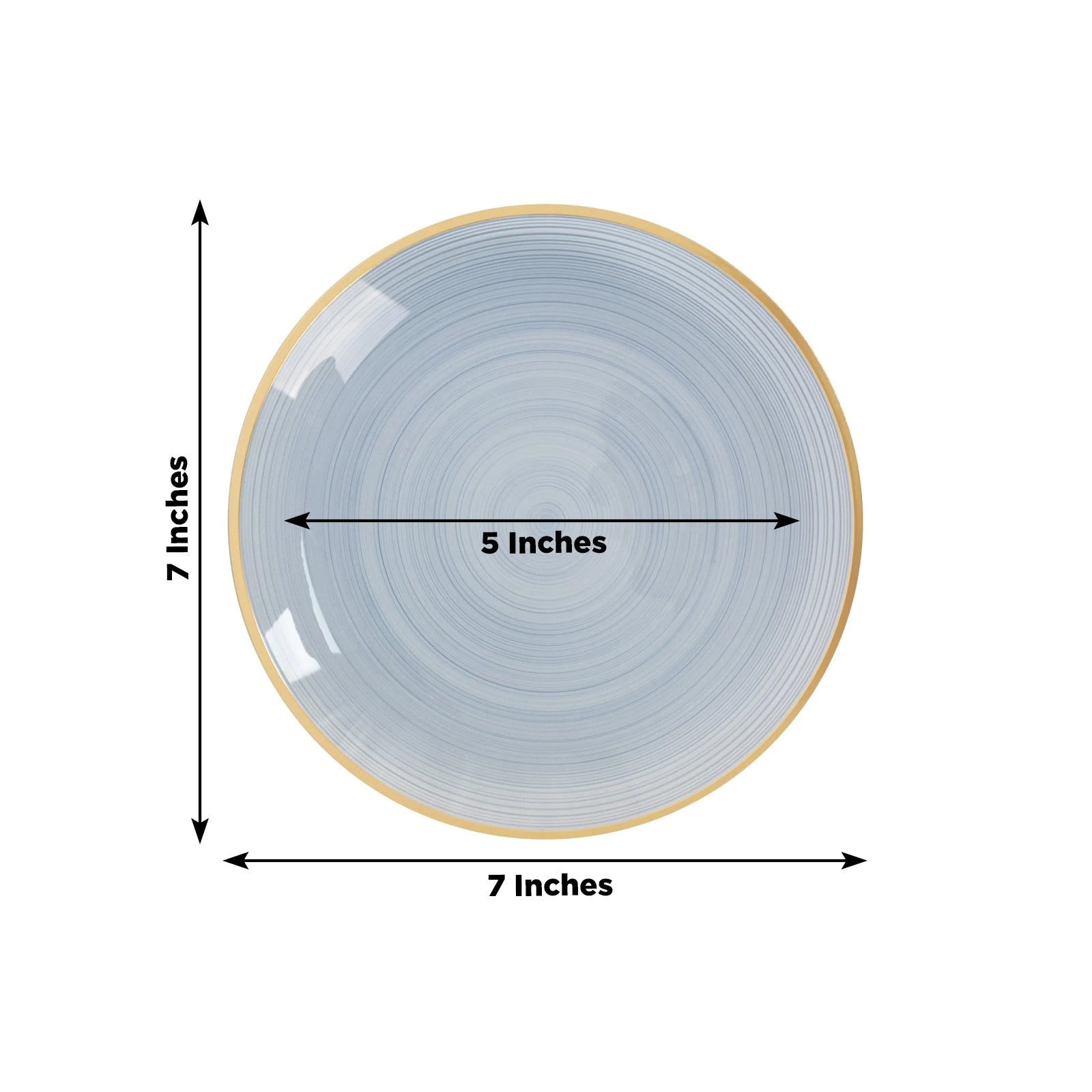 7" round transparent dusty blue swirl plate with gold rim.