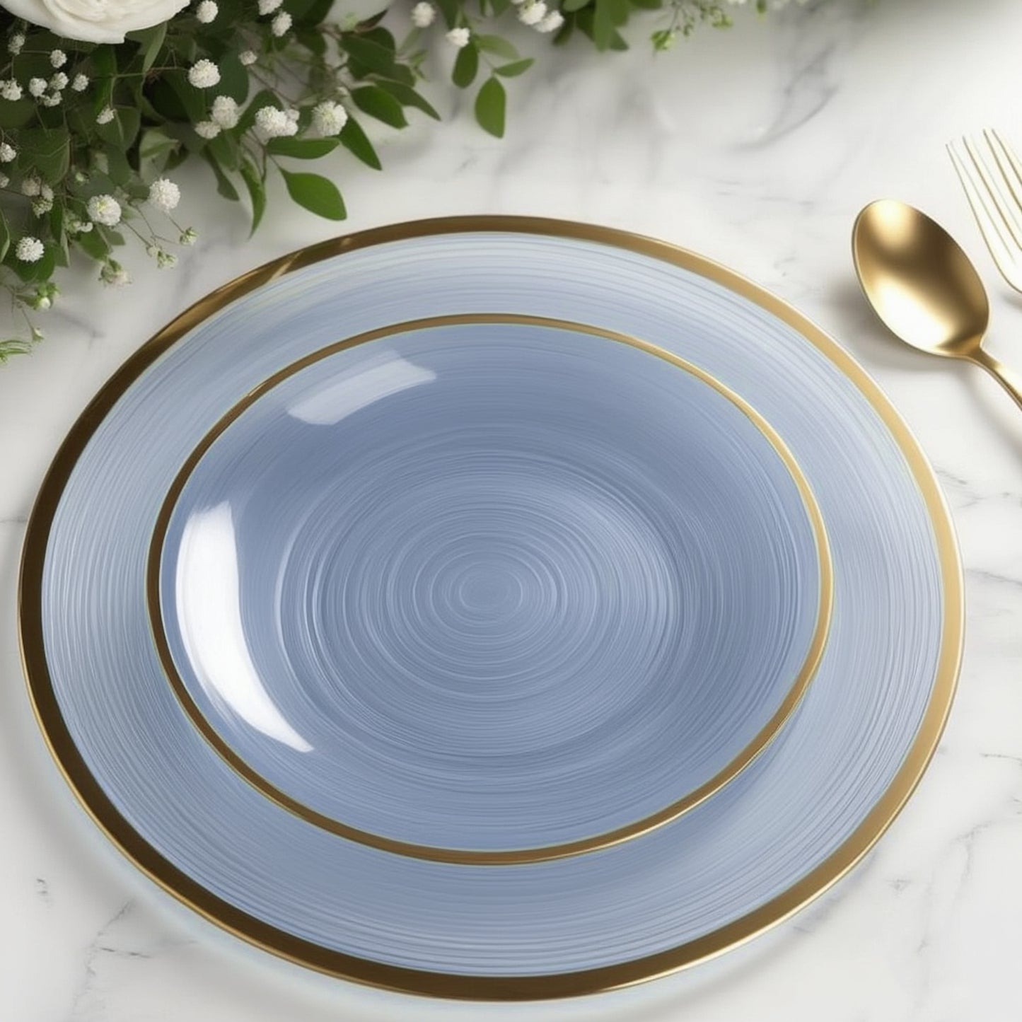 7" Transparent Dusty Blue Swirl Plate with Gold Rim for Elegant Parties