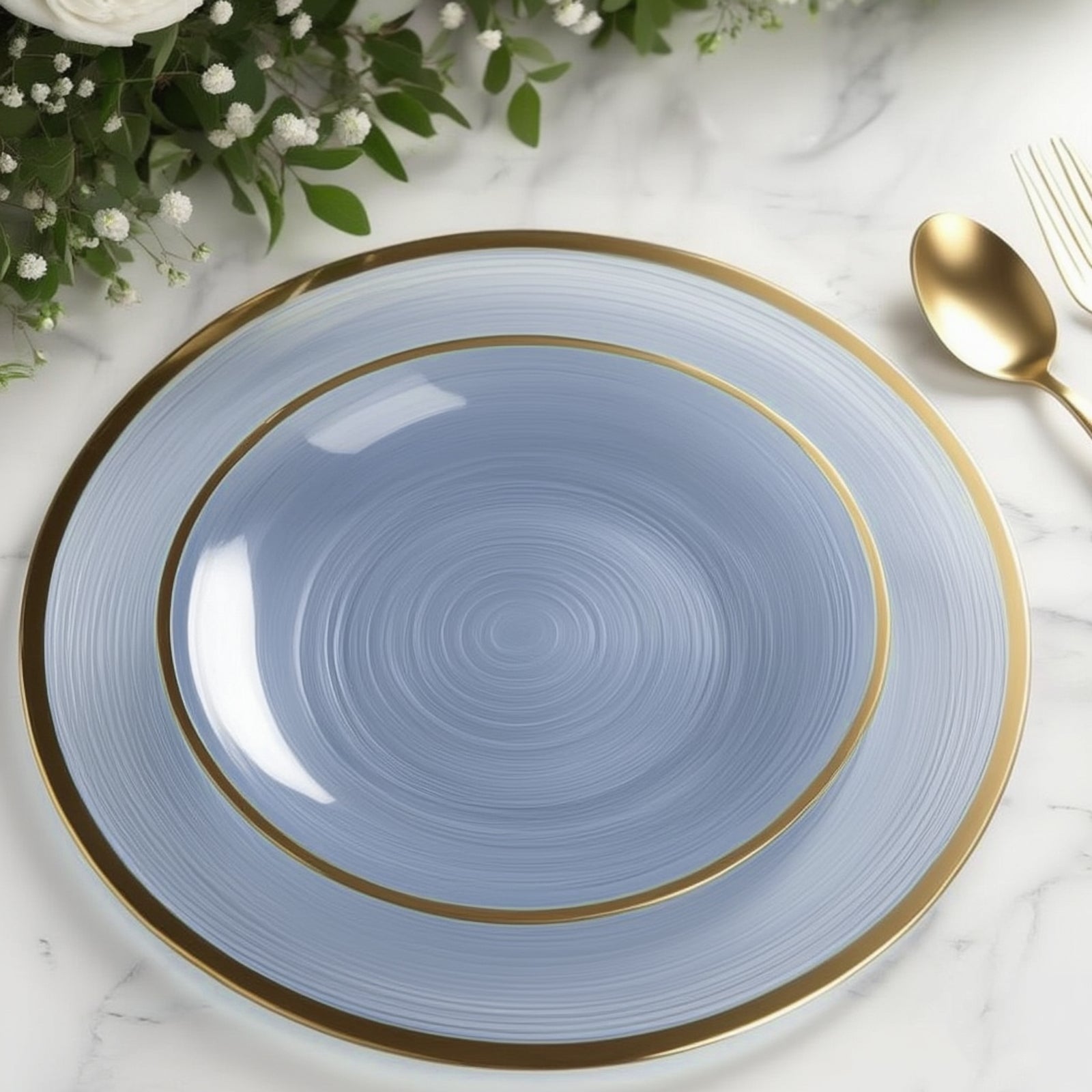 7" Transparent Dusty Blue Swirl Plate with Gold Rim for Elegant Parties