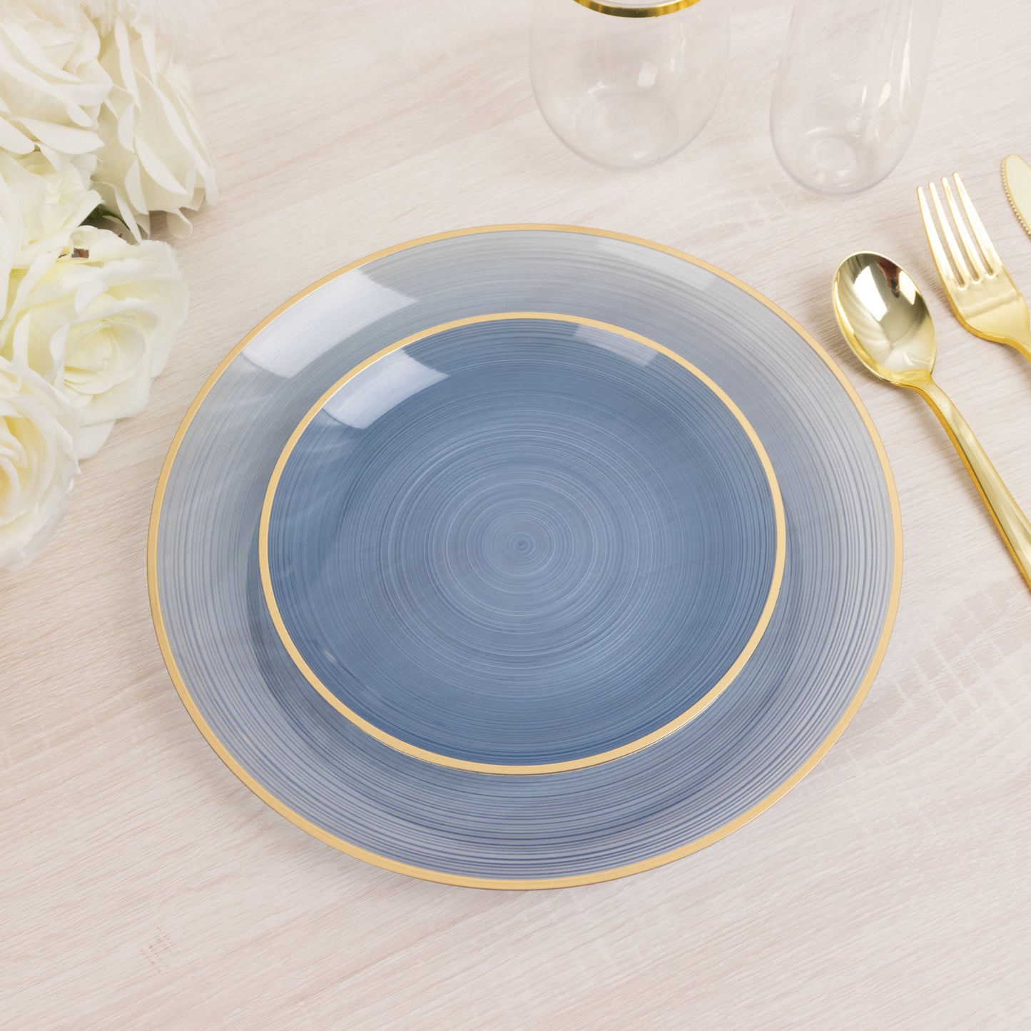 Dusty blue swirl plate with gold rim, elegant party dinnerware.