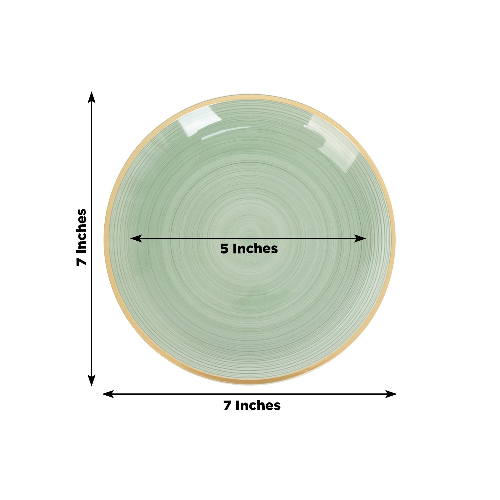 7" transparent dusty sage green swirl plate with gold rim.