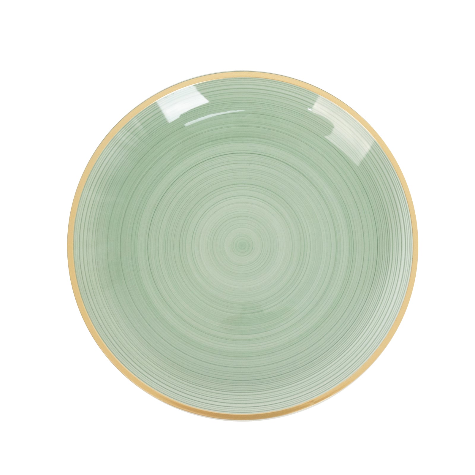 Dusty sage green swirl plate with gold rim, elegant for parties.