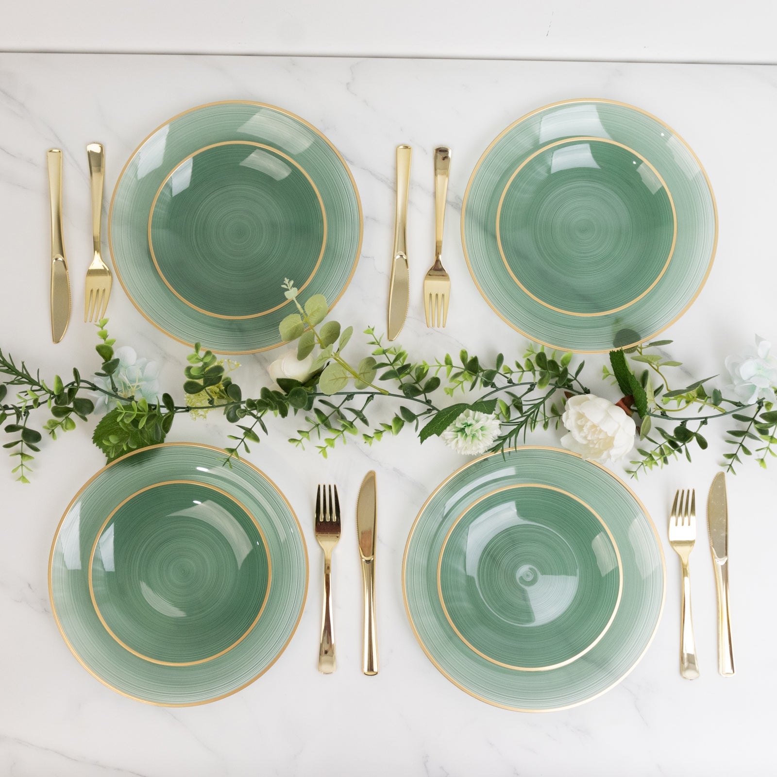 Dusty sage green swirl plates with gold rim, elegant for parties.