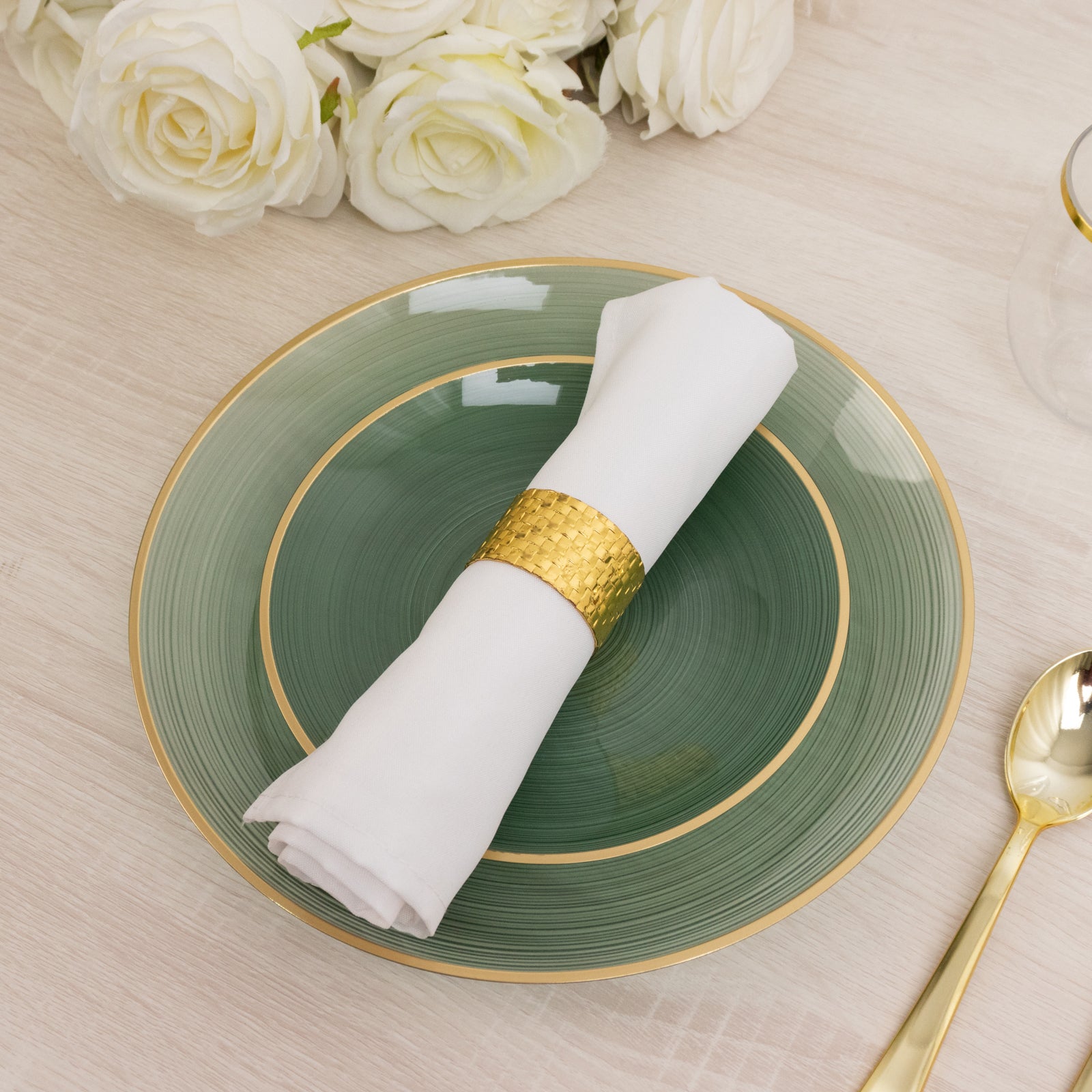 Dusty sage green swirl plate with gold rim, elegant for parties.