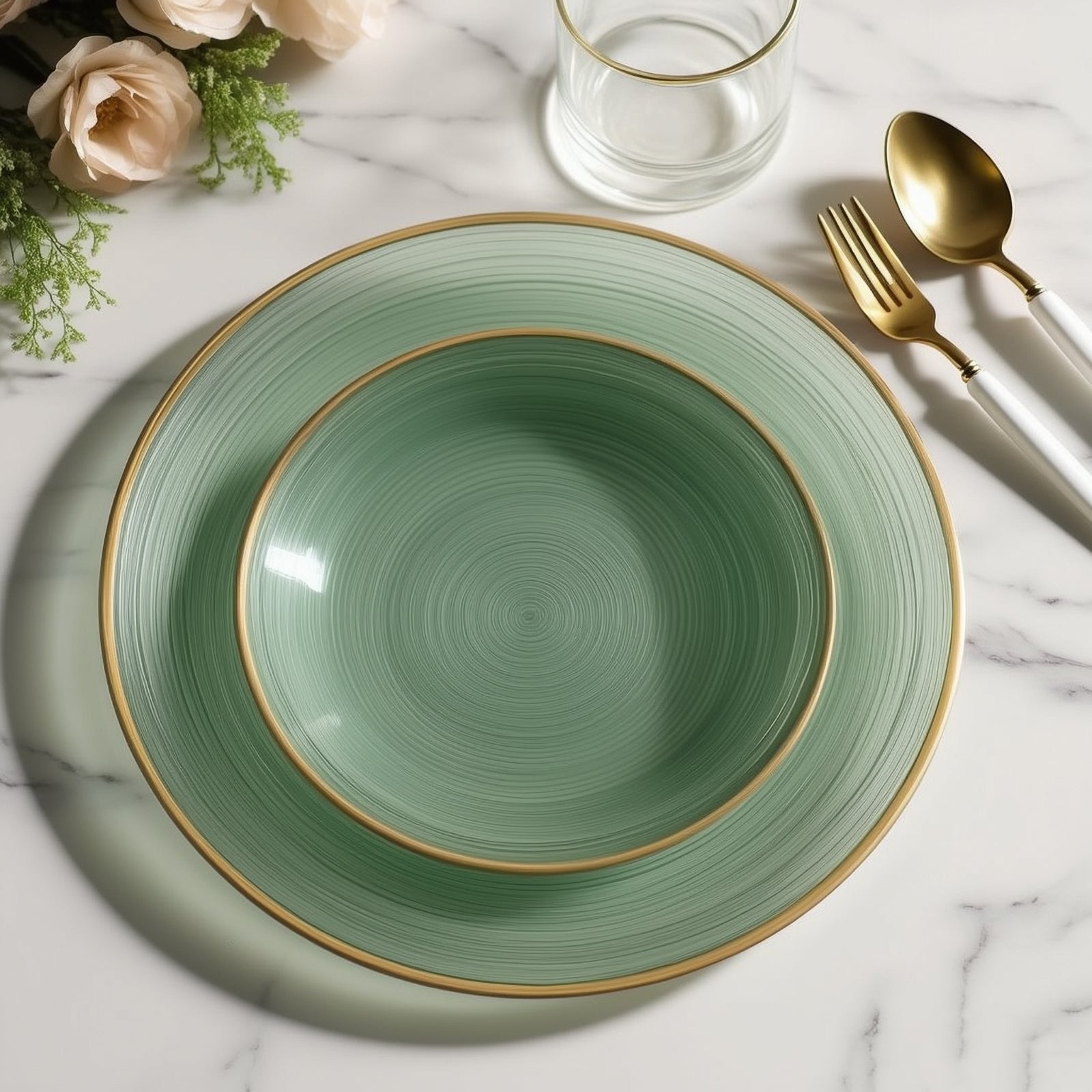 Dusty sage green swirl plates with gold rim, elegant for parties.