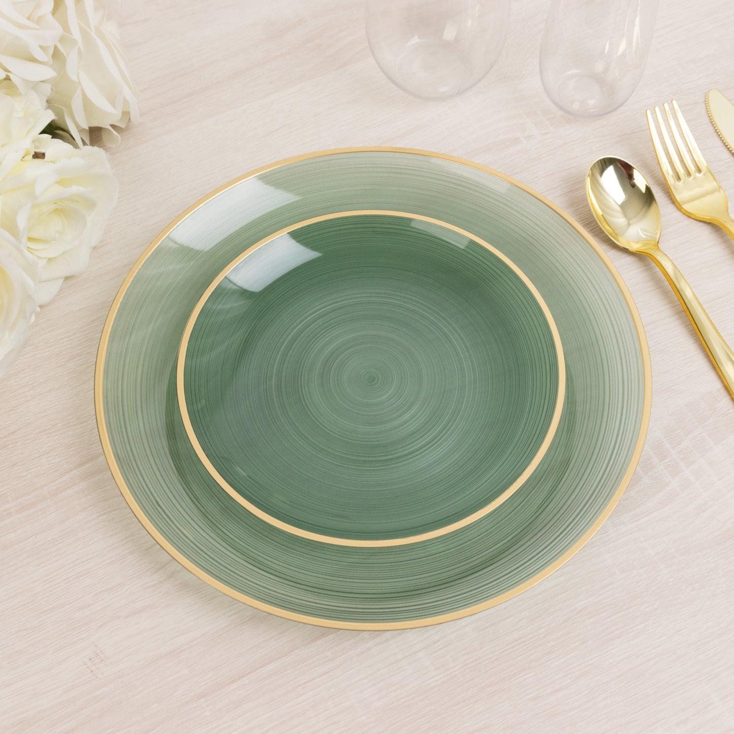 Dusty sage green swirl plate with gold rim, elegant for parties.