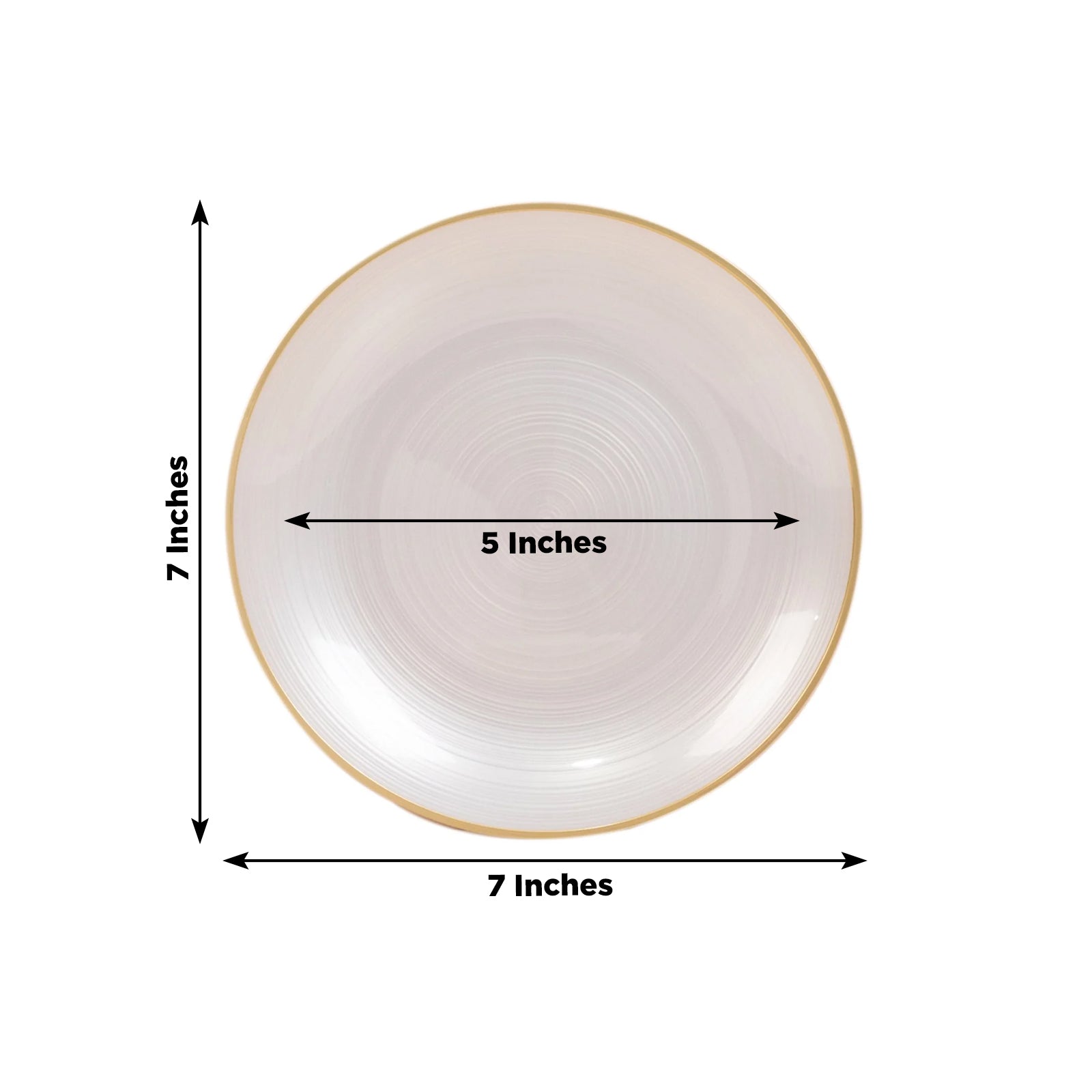 7" round transparent pearl white swirl plate with gold rim. Elegant party dish.