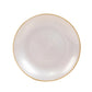 Pearl white swirl plastic plate with gold rim, elegant for parties.
