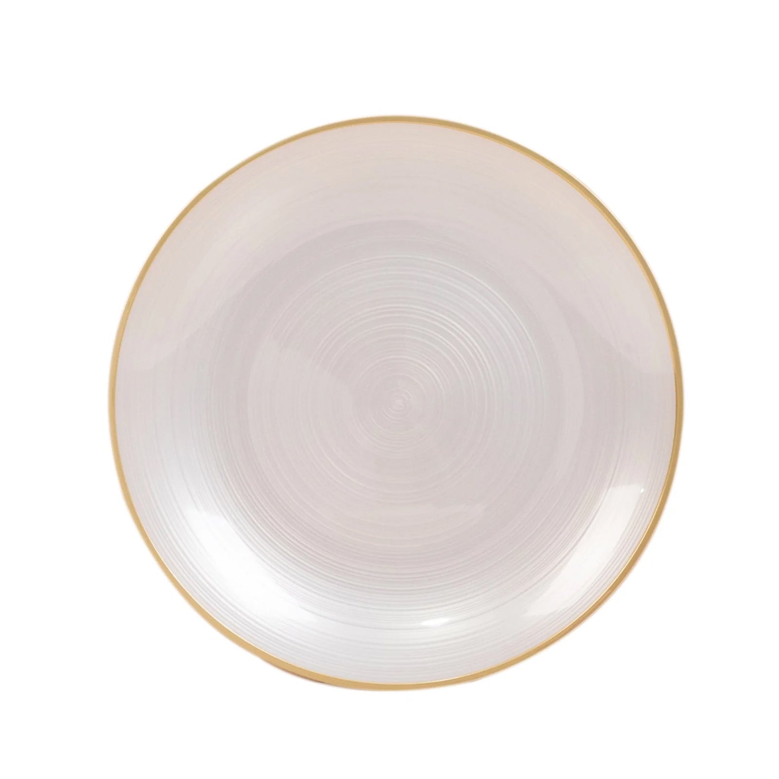 Pearl white swirl plastic plate with gold rim, elegant for parties.
