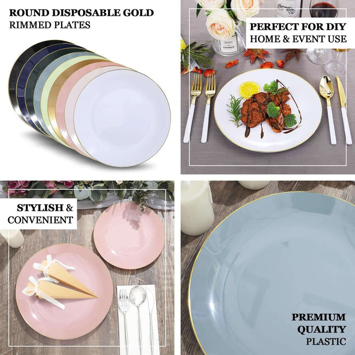 10 Pack | 10" Glossy Black Round Plastic Dinner Plates With Gold Rim, Disposable Party Plates