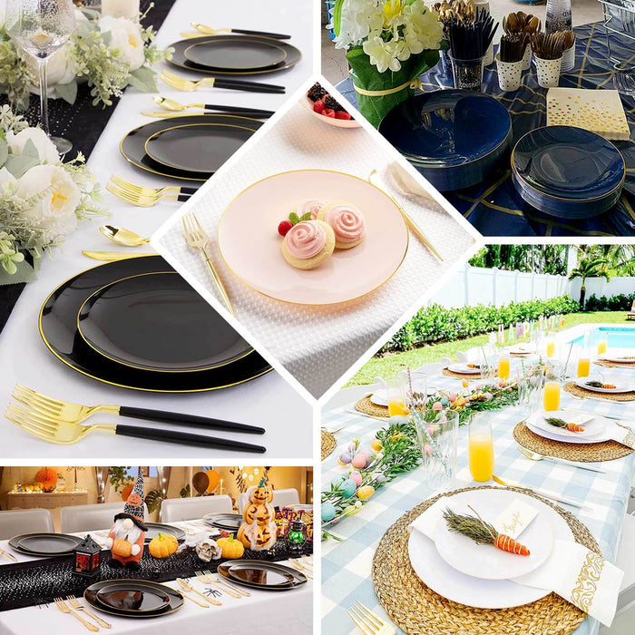 10 Pack | 10" Glossy White Round Plastic Dinner Plates With Gold Rim, Disposable Party Plates