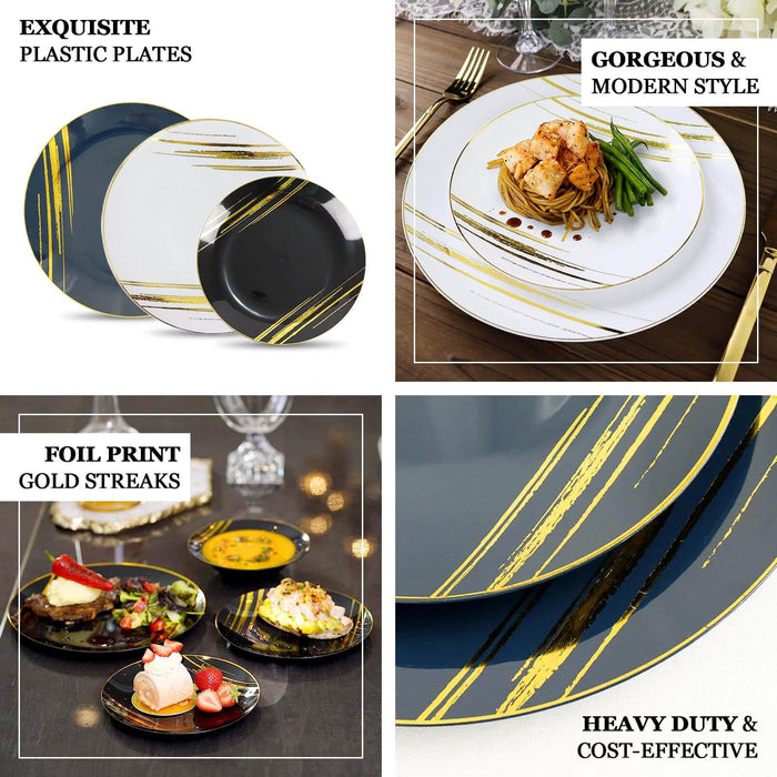 10 Pack | White and Gold Brush Stroked 7" Round Plastic Dessert Plates, Disposable Appetizer Salad Party Plates