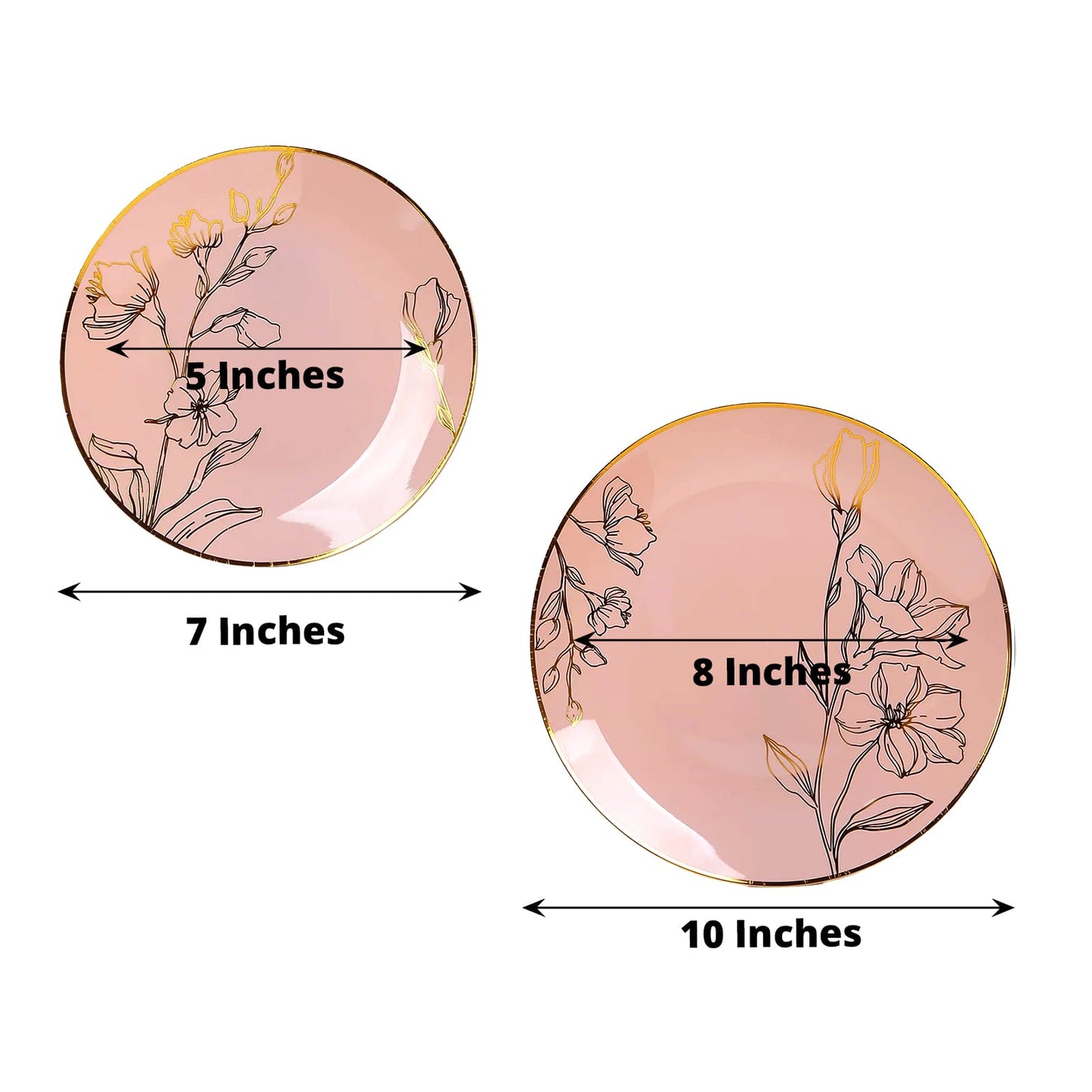 Set of 20 Dusty Rose Plastic Dinner Dessert Plates With Metallic Gold Floral Design, Disposable Round Party Plates - 8",10"