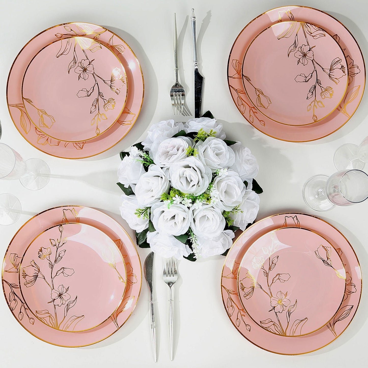 Set of 20 Dusty Rose Plastic Dinner Dessert Plates With Metallic Gold Floral Design, Disposable Round Party Plates - 8",10"