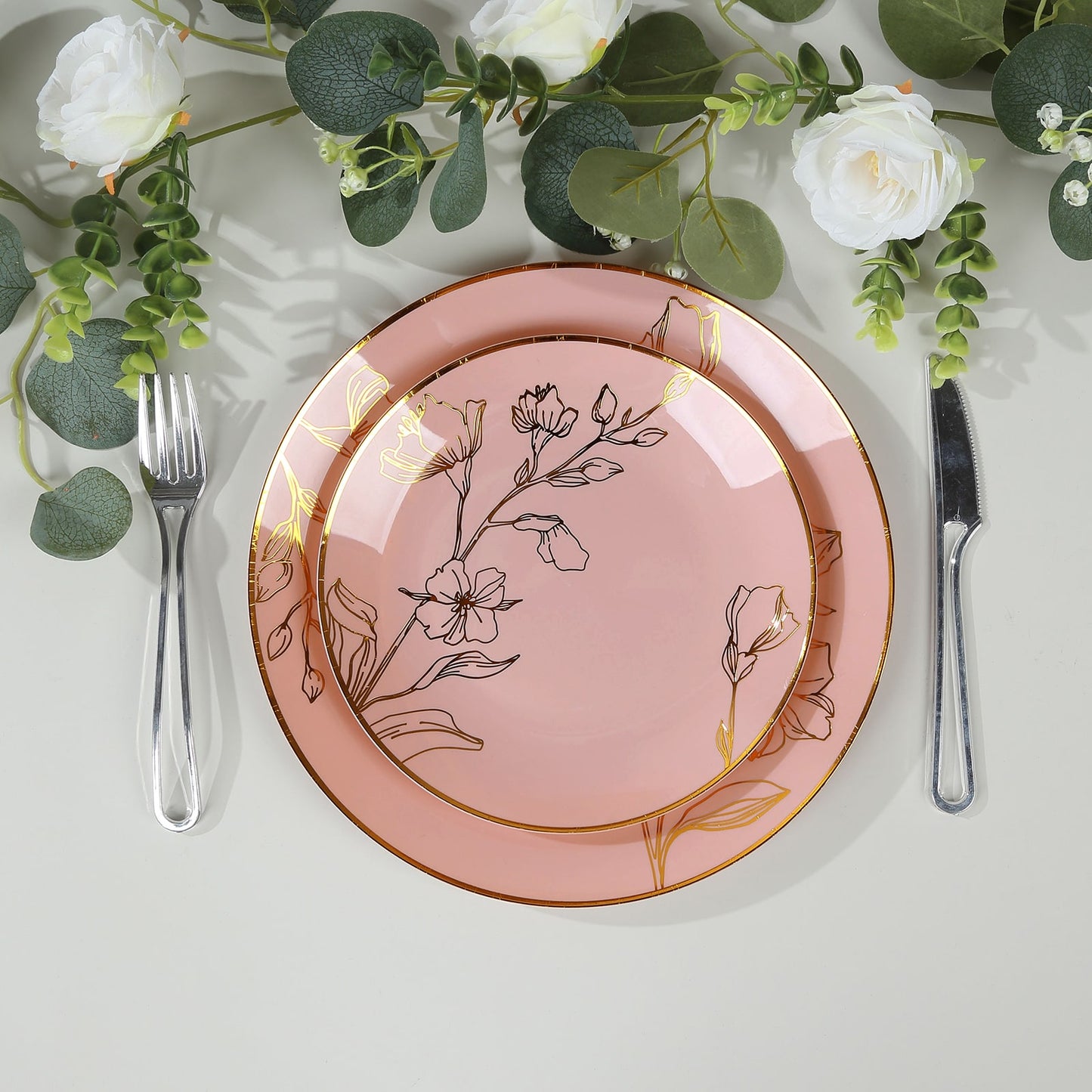 Set of 20 Dusty Rose Plastic Dinner Dessert Plates With Metallic Gold Floral Design, Disposable Round Party Plates - 8",10"