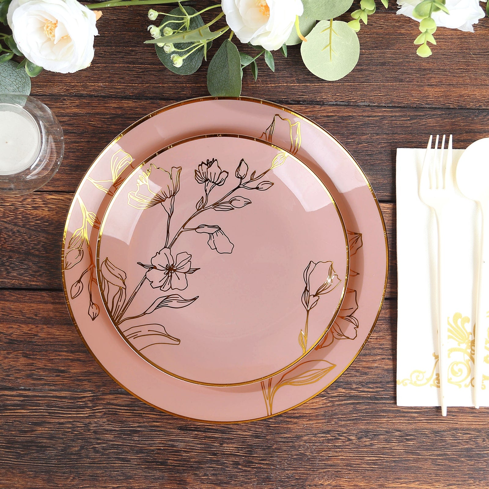 20pk 8/10in Dusty Rose Gold Floral Plates | TCFLinen