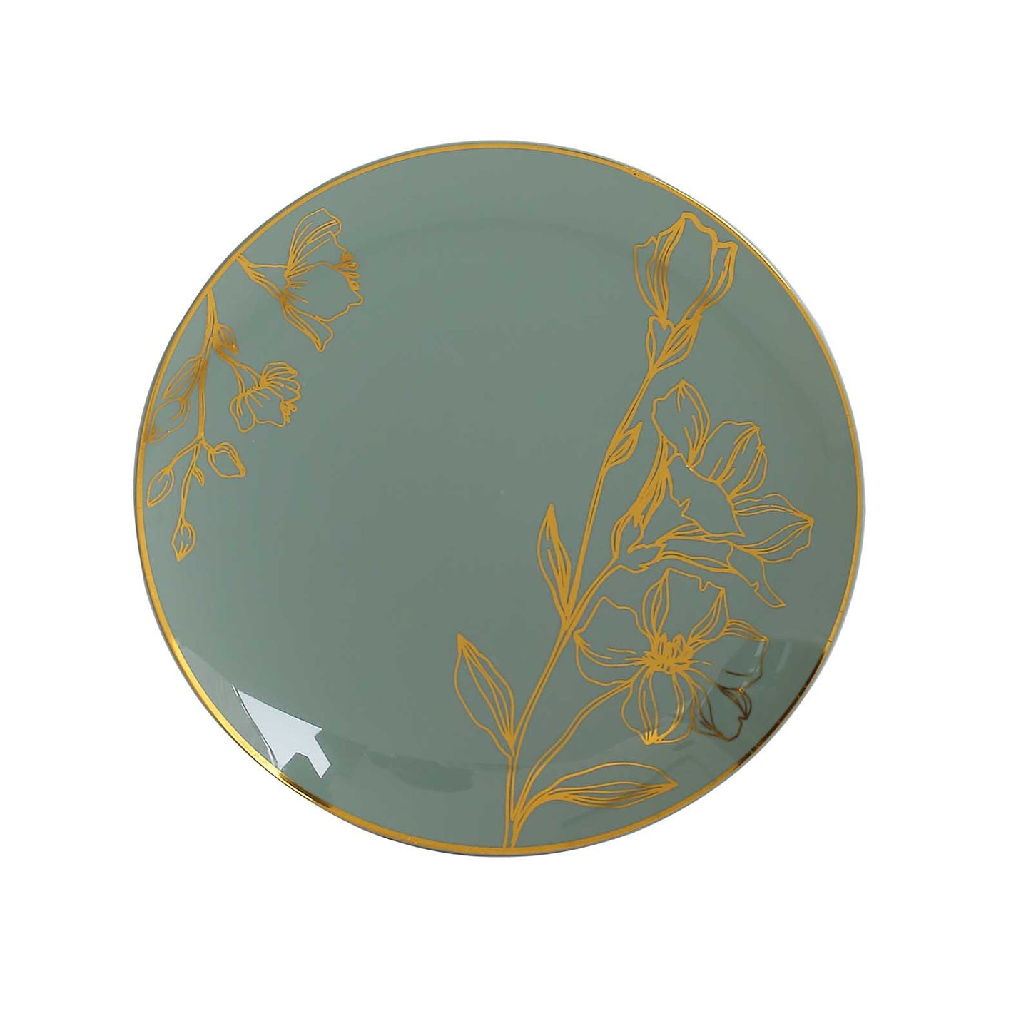 Set of 20 Dusty Sage Green Plastic Dinner Dessert Plates With Metallic Gold Floral Design, Disposable Round Party Plates - 8",10"