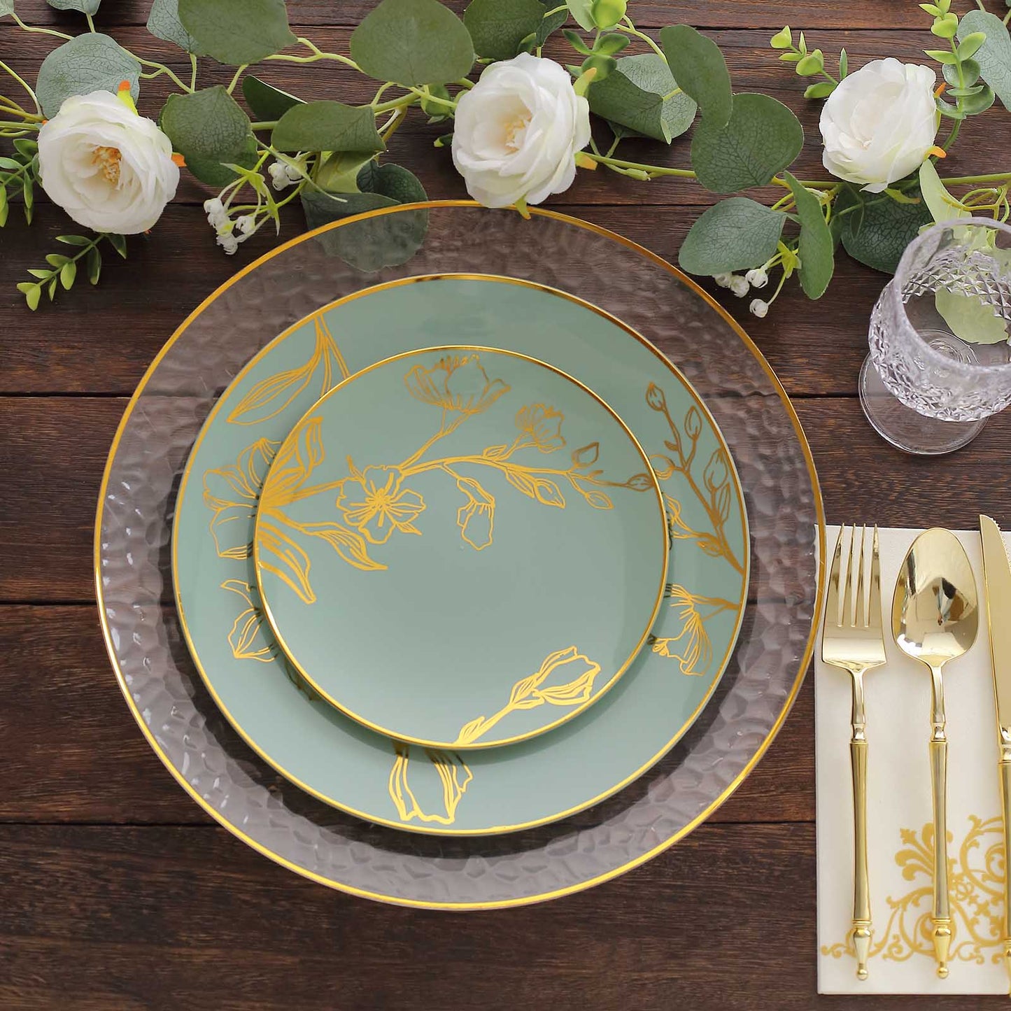 Set of 20 Dusty Sage Green Plastic Dinner Dessert Plates With Metallic Gold Floral Design, Disposable Round Party Plates - 8",10"