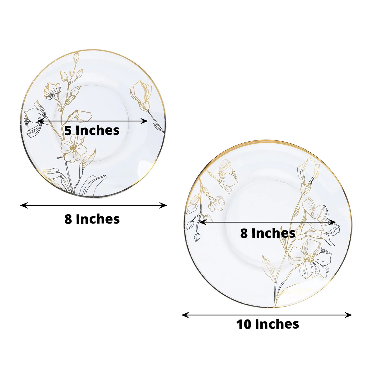 Set of 20 Clear Plastic Dinner Dessert Plates With Metallic Gold Floral Design, Disposable Round Party Plates - 8",10"