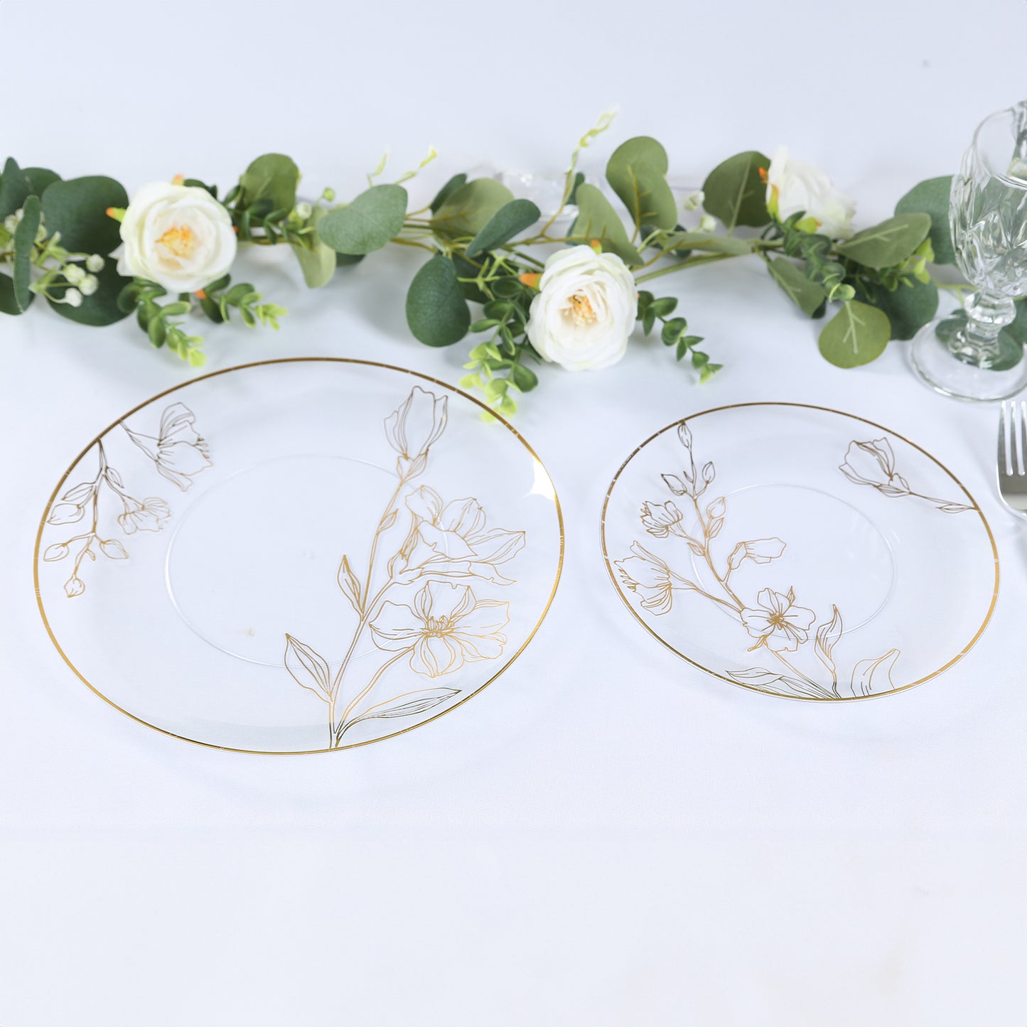 Set of 20 Clear Plastic Dinner Dessert Plates With Metallic Gold Floral Design, Disposable Round Party Plates - 8",10"