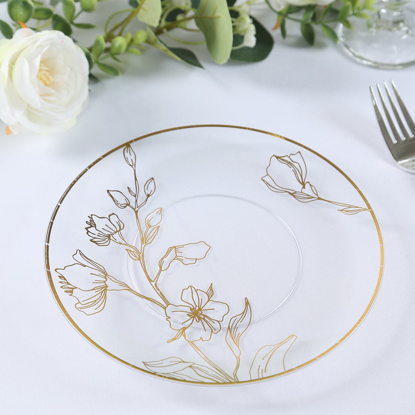 Set of 20 Clear Plastic Dinner Dessert Plates With Metallic Gold Floral Design, Disposable Round Party Plates - 8",10"