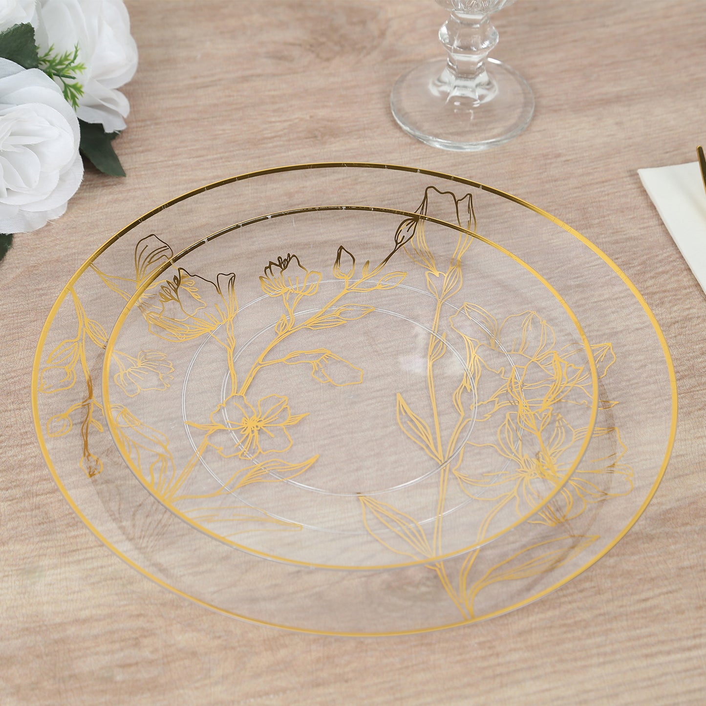 Set of 20 Clear Plastic Dinner Dessert Plates With Metallic Gold Floral Design, Disposable Round Party Plates - 8",10"