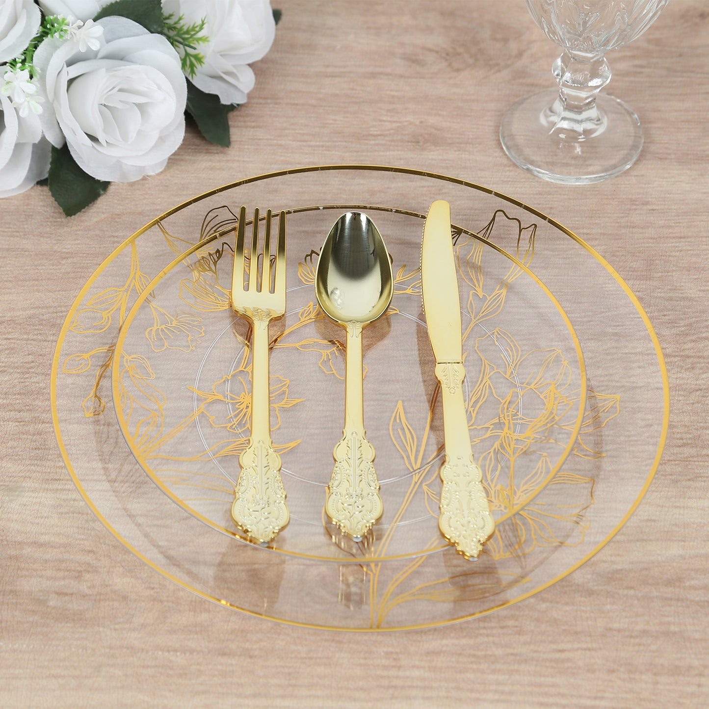 Set of 20 Clear Plastic Dinner Dessert Plates With Metallic Gold Floral Design, Disposable Round Party Plates - 8",10"