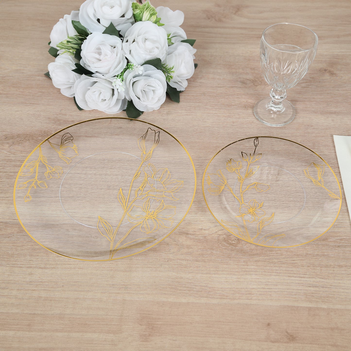 Set of 20 Clear Plastic Dinner Dessert Plates With Metallic Gold Floral Design, Disposable Round Party Plates - 8",10"