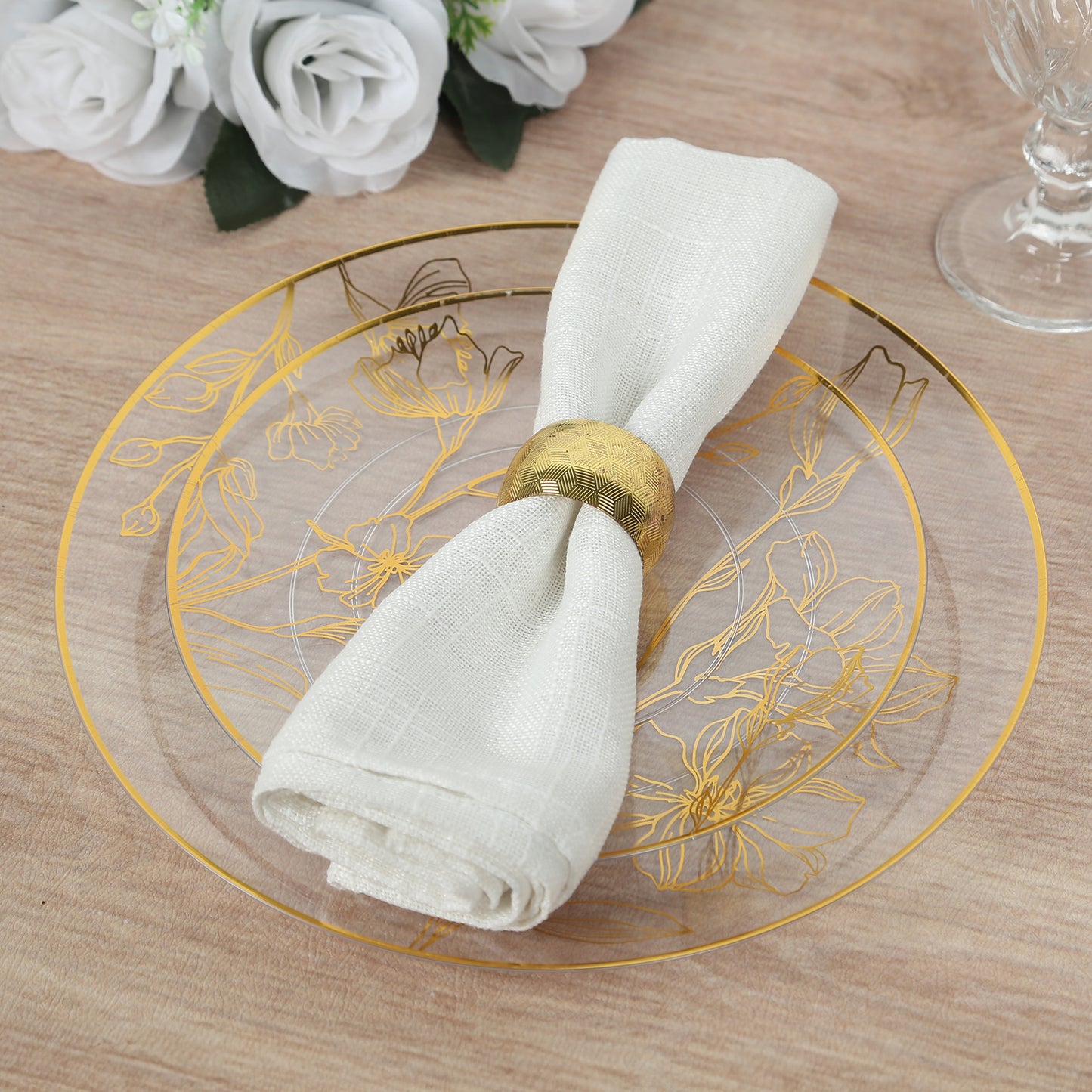 Set of 20 Clear Plastic Dinner Dessert Plates With Metallic Gold Floral Design, Disposable Round Party Plates - 8",10"