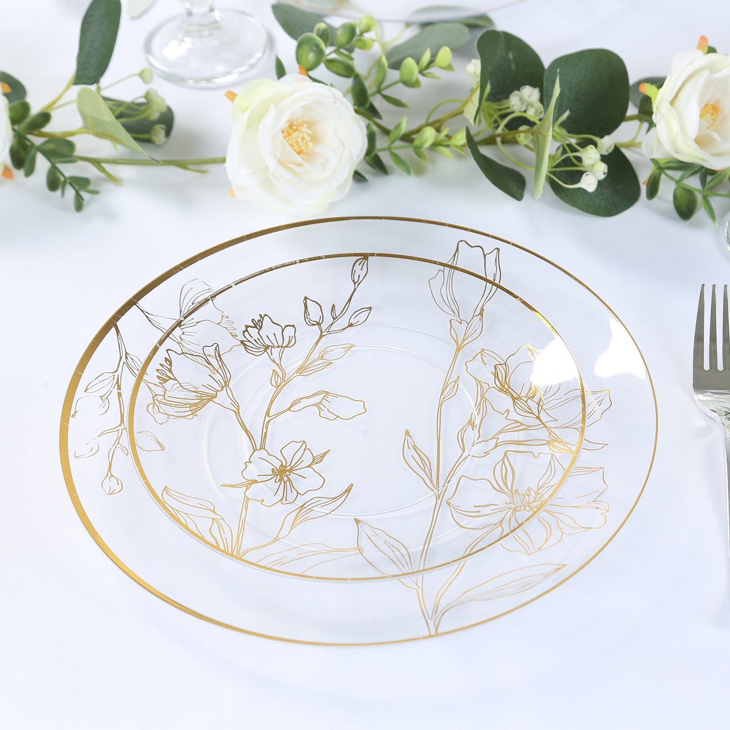 Set of 20 Clear Plastic Dinner Dessert Plates With Metallic Gold Floral Design, Disposable Round Party Plates - 8",10"