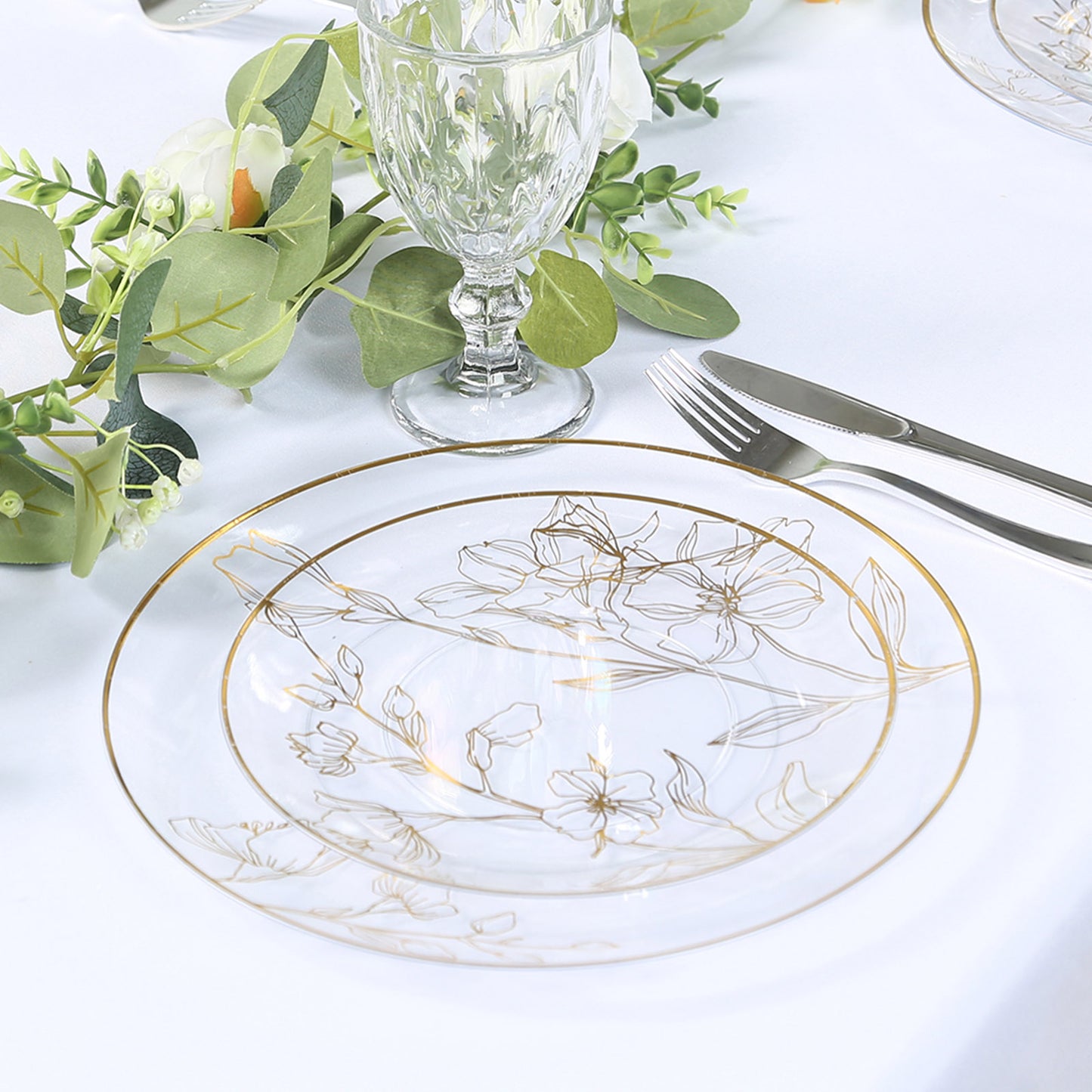 Set of 20 Clear Plastic Dinner Dessert Plates With Metallic Gold Floral Design, Disposable Round Party Plates - 8",10"