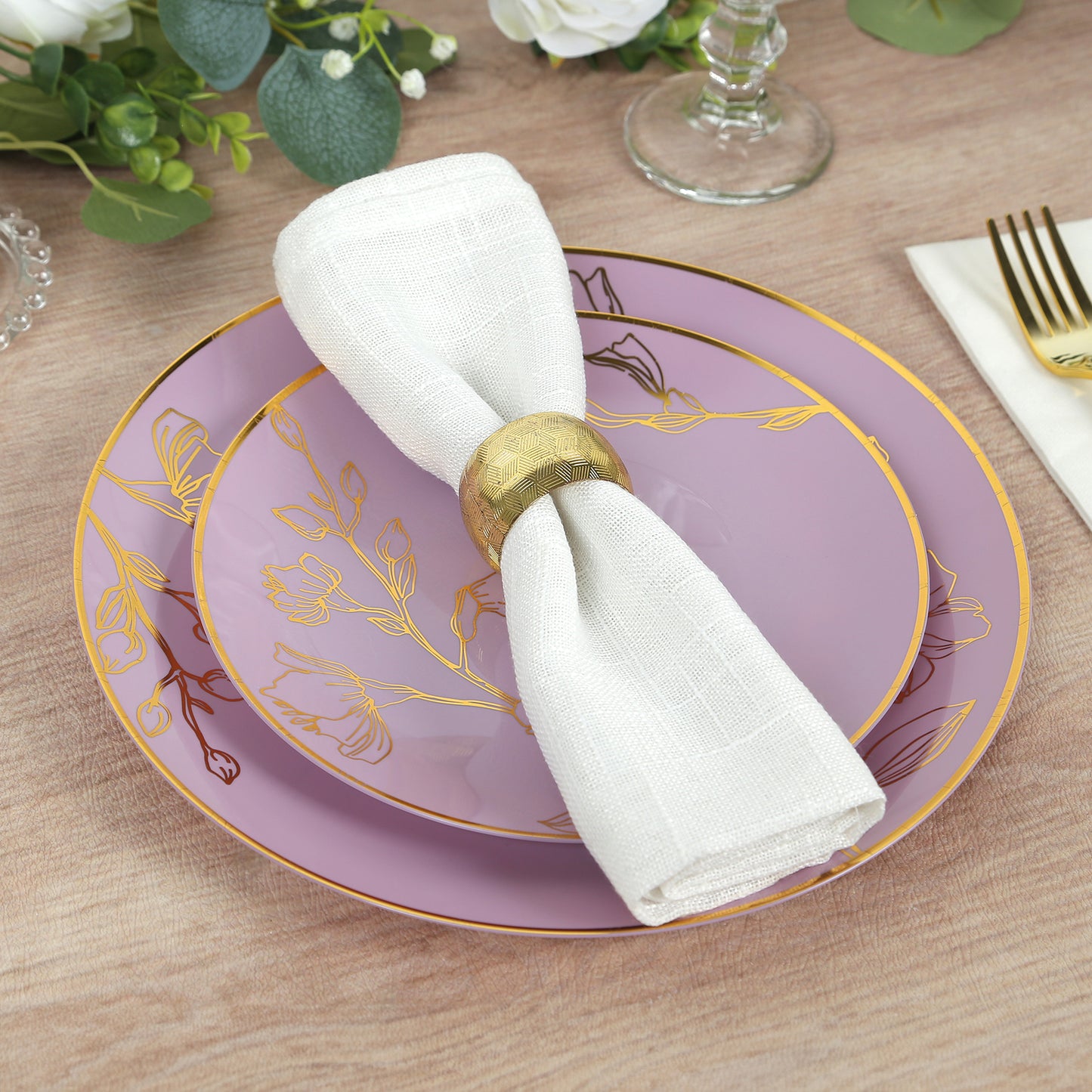 Set of 20 Lavender Lilac Plastic Dinner Dessert Plates With Metallic Gold Floral Design, Disposable Round Party Plates - 8",10"