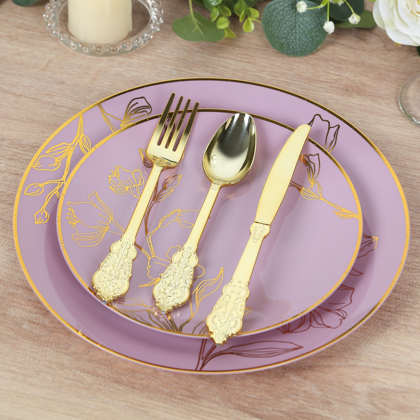 Set of 20 Lavender Lilac Plastic Dinner Dessert Plates With Metallic Gold Floral Design, Disposable Round Party Plates - 8",10"