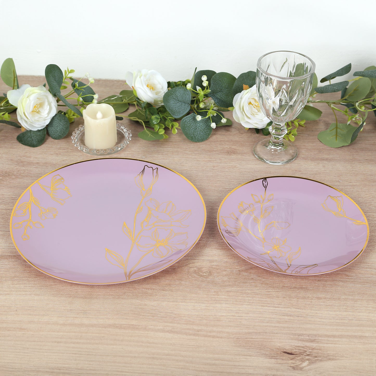 Set of 20 Lavender Lilac Plastic Dinner Dessert Plates With Metallic Gold Floral Design, Disposable Round Party Plates - 8",10"