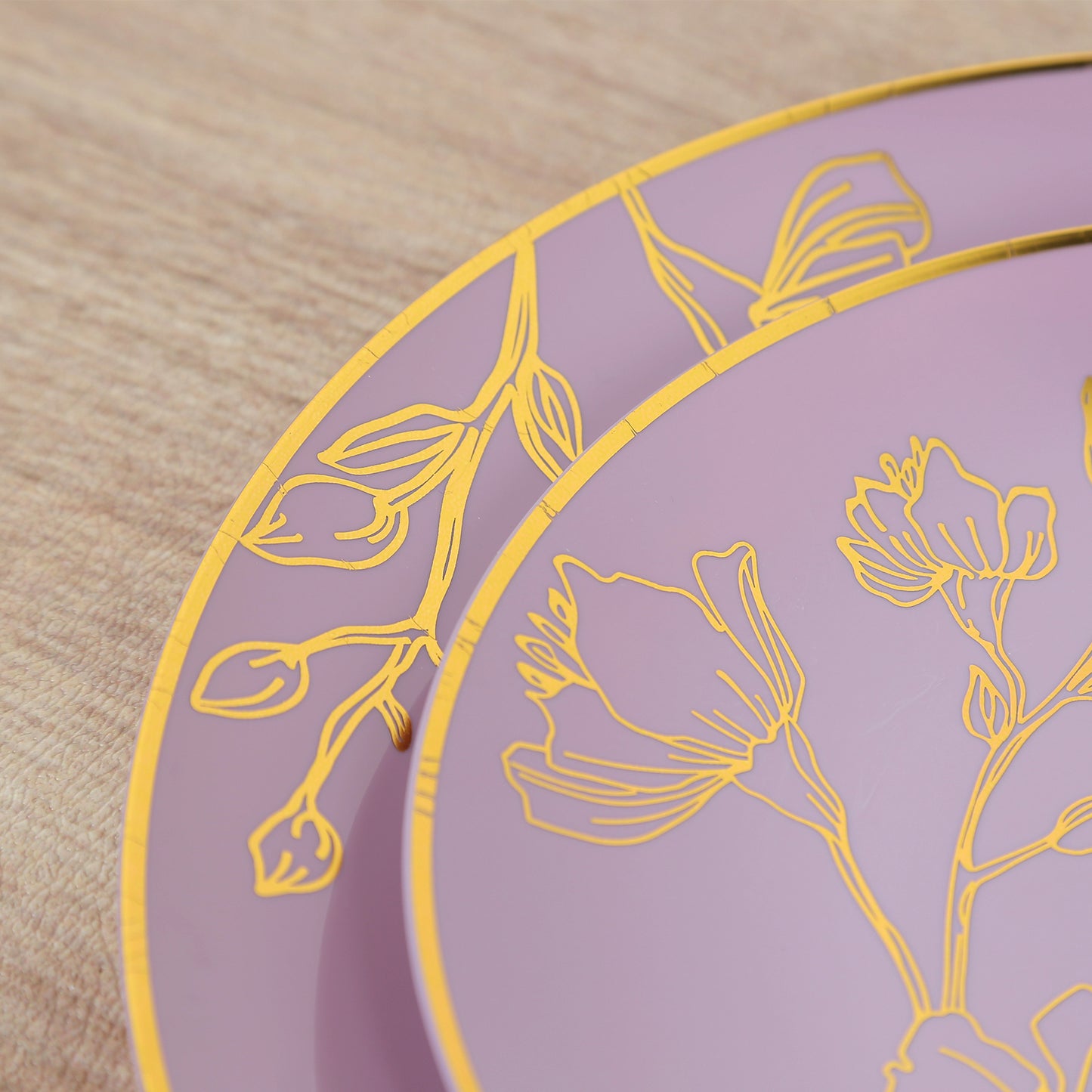 Set of 20 Lavender Lilac Plastic Dinner Dessert Plates With Metallic Gold Floral Design, Disposable Round Party Plates - 8",10"