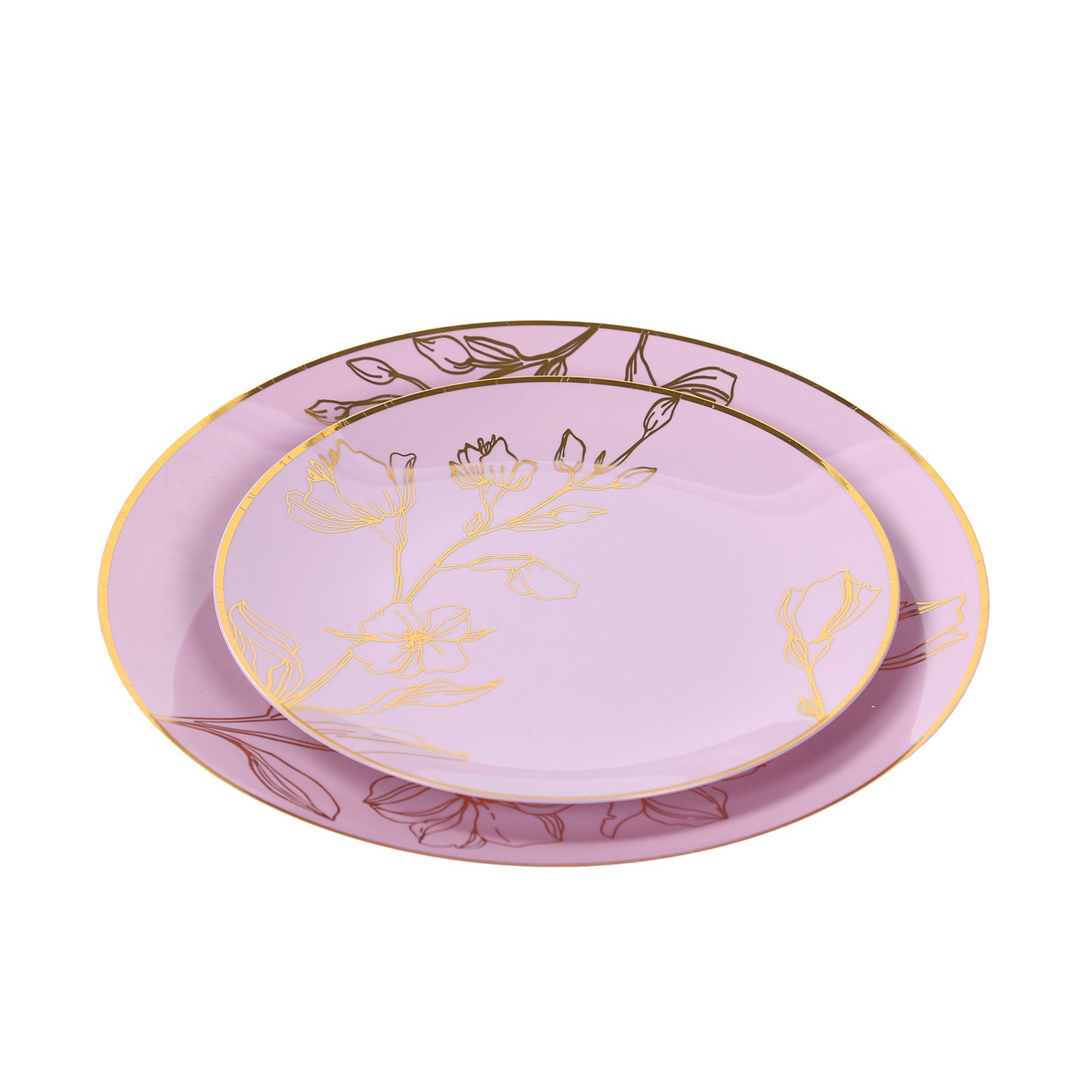 Set of 20 Lavender Lilac Plastic Dinner Dessert Plates With Metallic Gold Floral Design, Disposable Round Party Plates - 8",10"