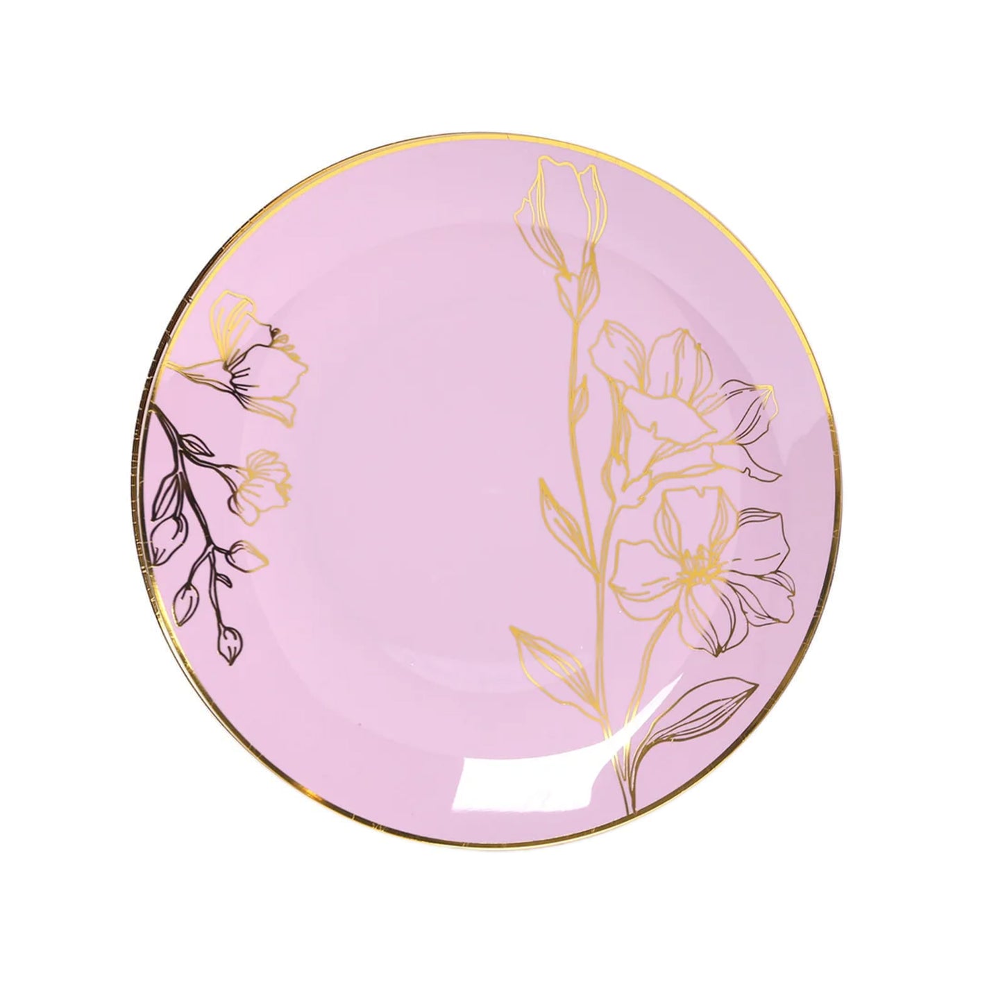 Set of 20 Lavender Lilac Plastic Dinner Dessert Plates With Metallic Gold Floral Design, Disposable Round Party Plates - 8",10"