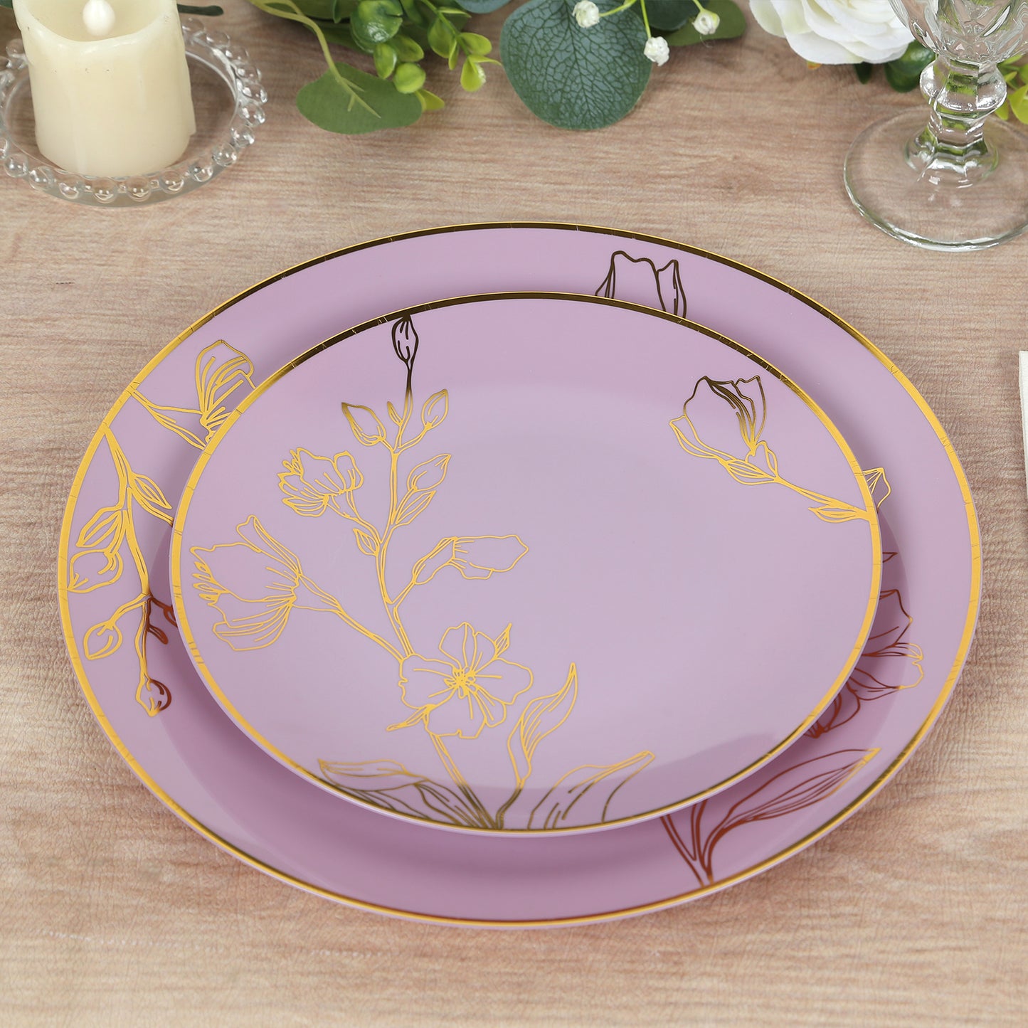 Set of 20 Lavender Lilac Plastic Dinner Dessert Plates With Metallic Gold Floral Design, Disposable Round Party Plates - 8",10"